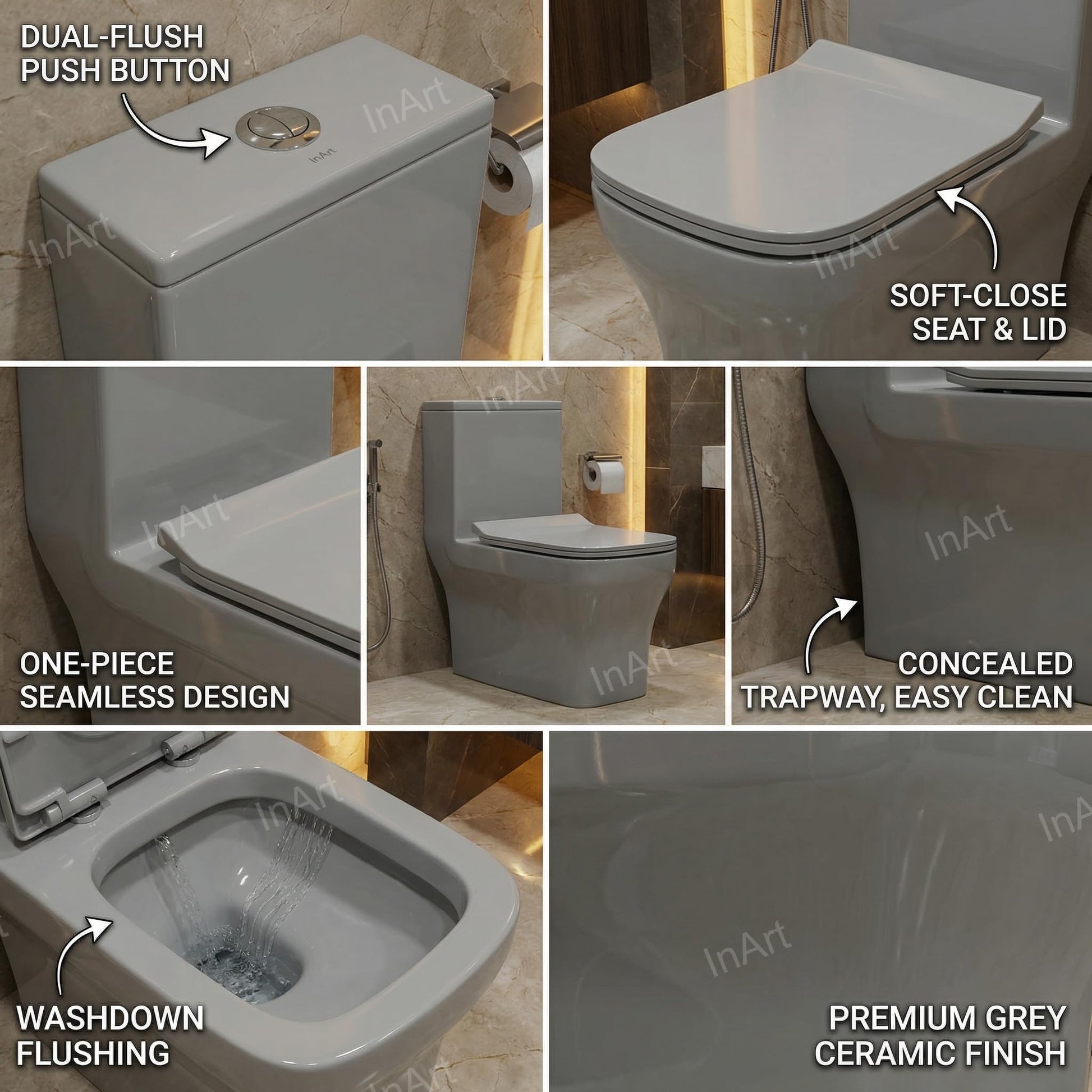 Single piece western commode in grey ceramic, side angle showing S-trap floor outlet and compact design