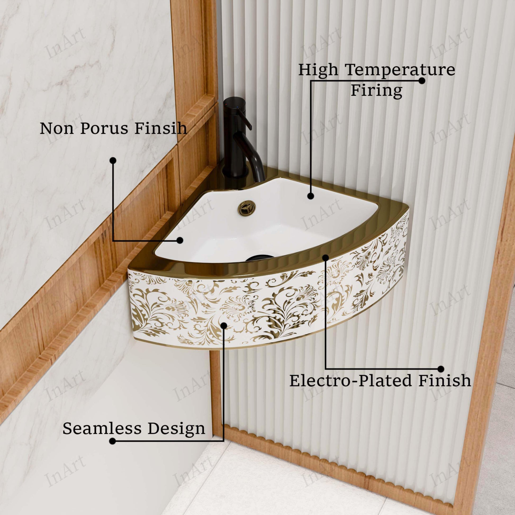 Small bathroom wash basin in gold ceramic, compact 43x32 cm table top basin for corner washroom setup