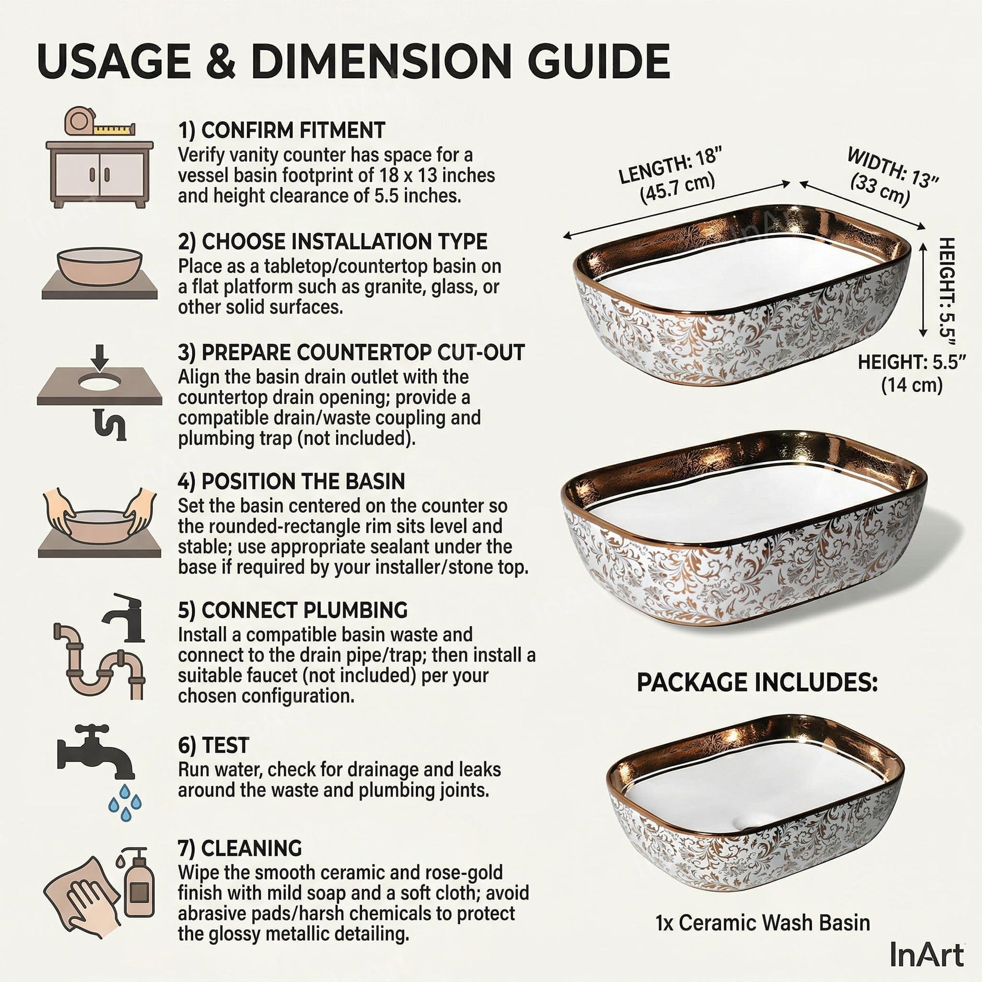 Table top basin design with cabinet, rose gold rectangular ceramic wash basin for stylish washroom