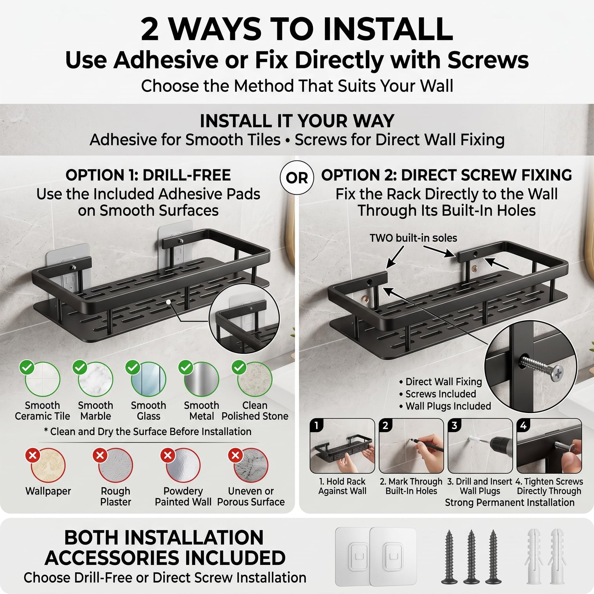 Self adhesive no drill bathroom shelf installation pads shown with wall rack