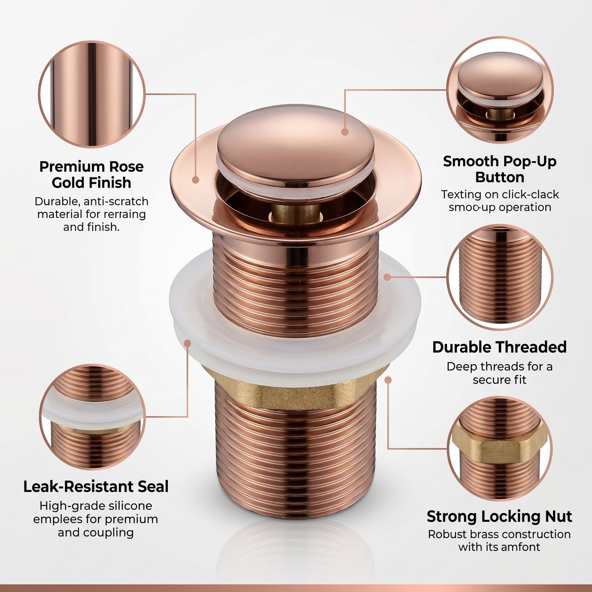 Press-to-open and press-to-close pop-up basin waste fitting close-up