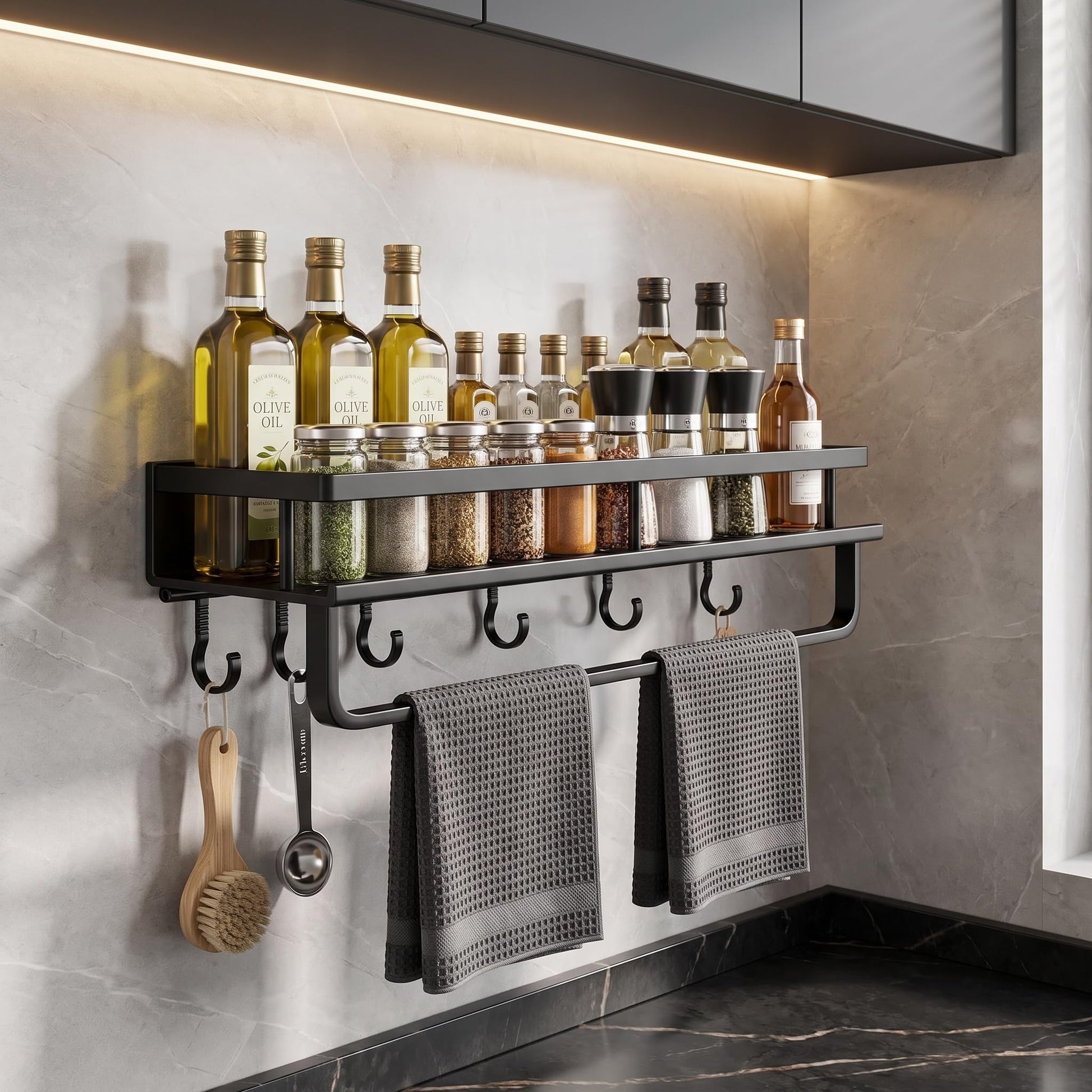 Matte black wall mounted kitchen organiser rack with shelf, towel bar and hooks