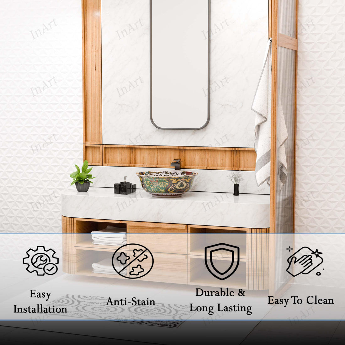 InArt ceramic square table top wash basin with cabinet design, multi colour printed glazed, front view