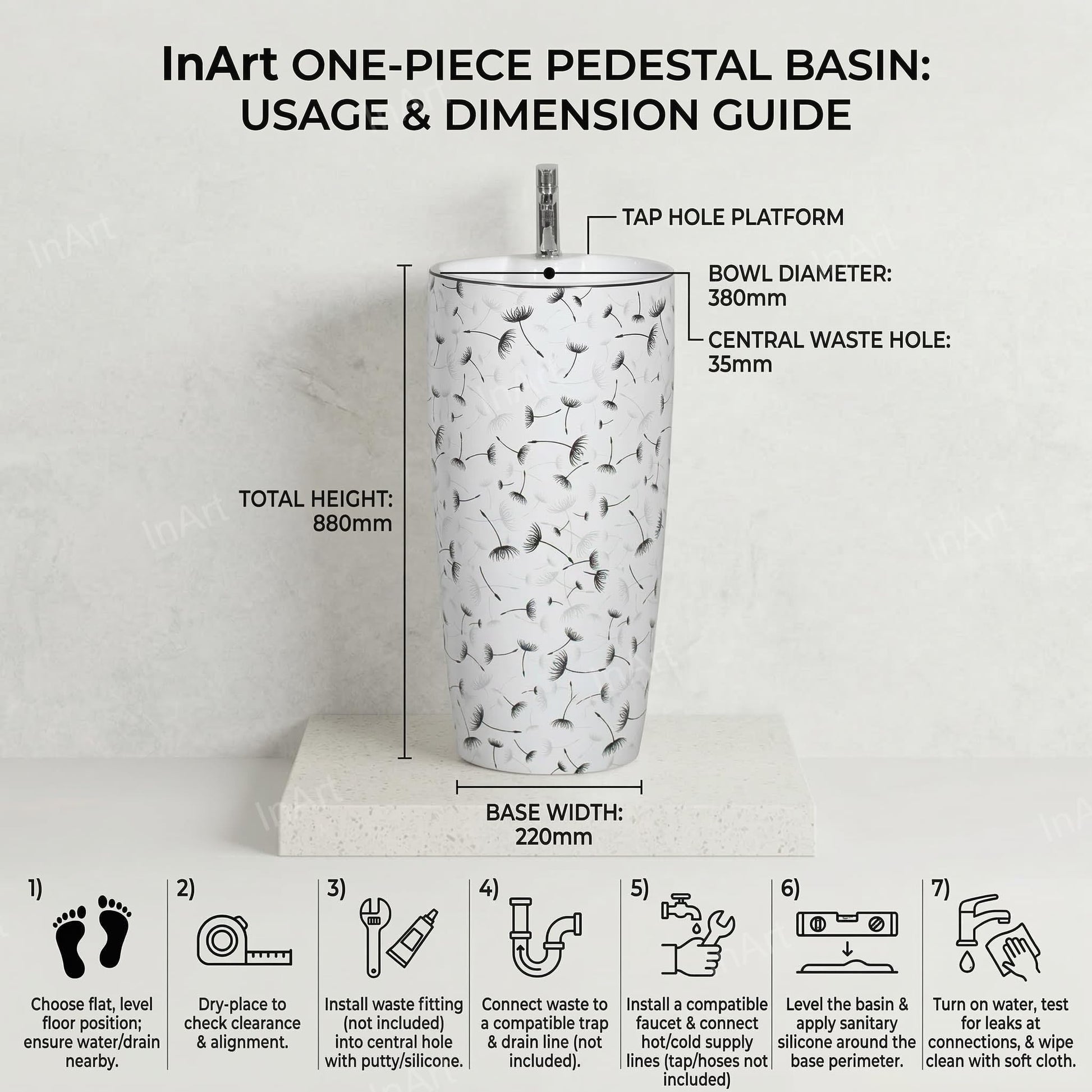 Full pedestal wash basin for washroom, round ceramic basin and pedestal in white with black floral design