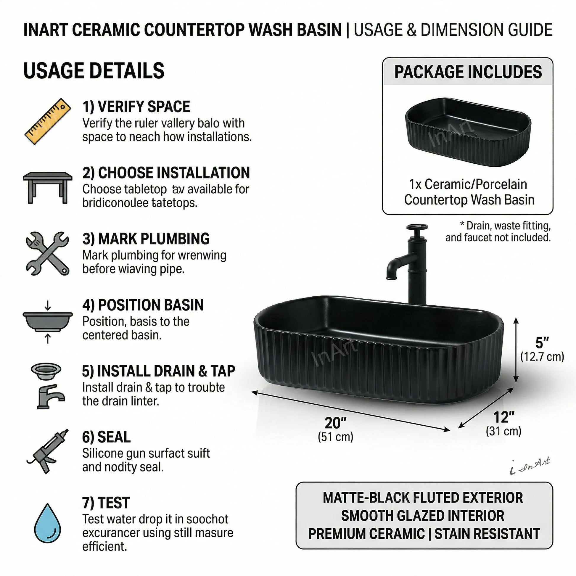 Matte black counter top wash basin with tap hole area detail, stylish rectangular ceramic basin online India