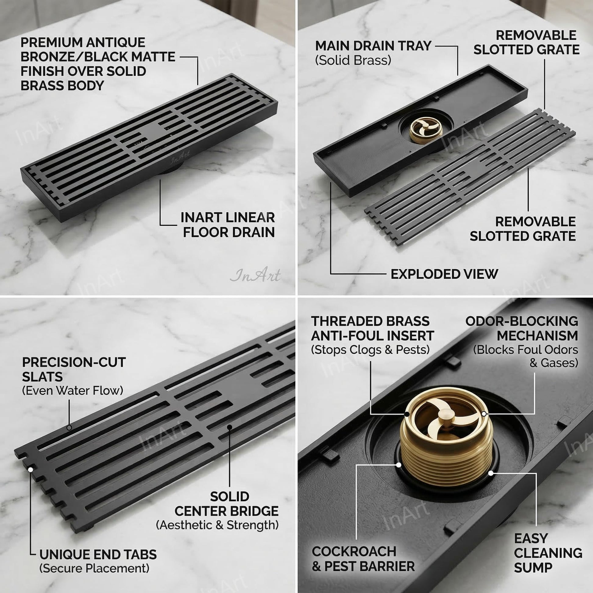 Designer bathroom floor drain jali with anti-cockroach trap, square brass cover in bronze black, side angle