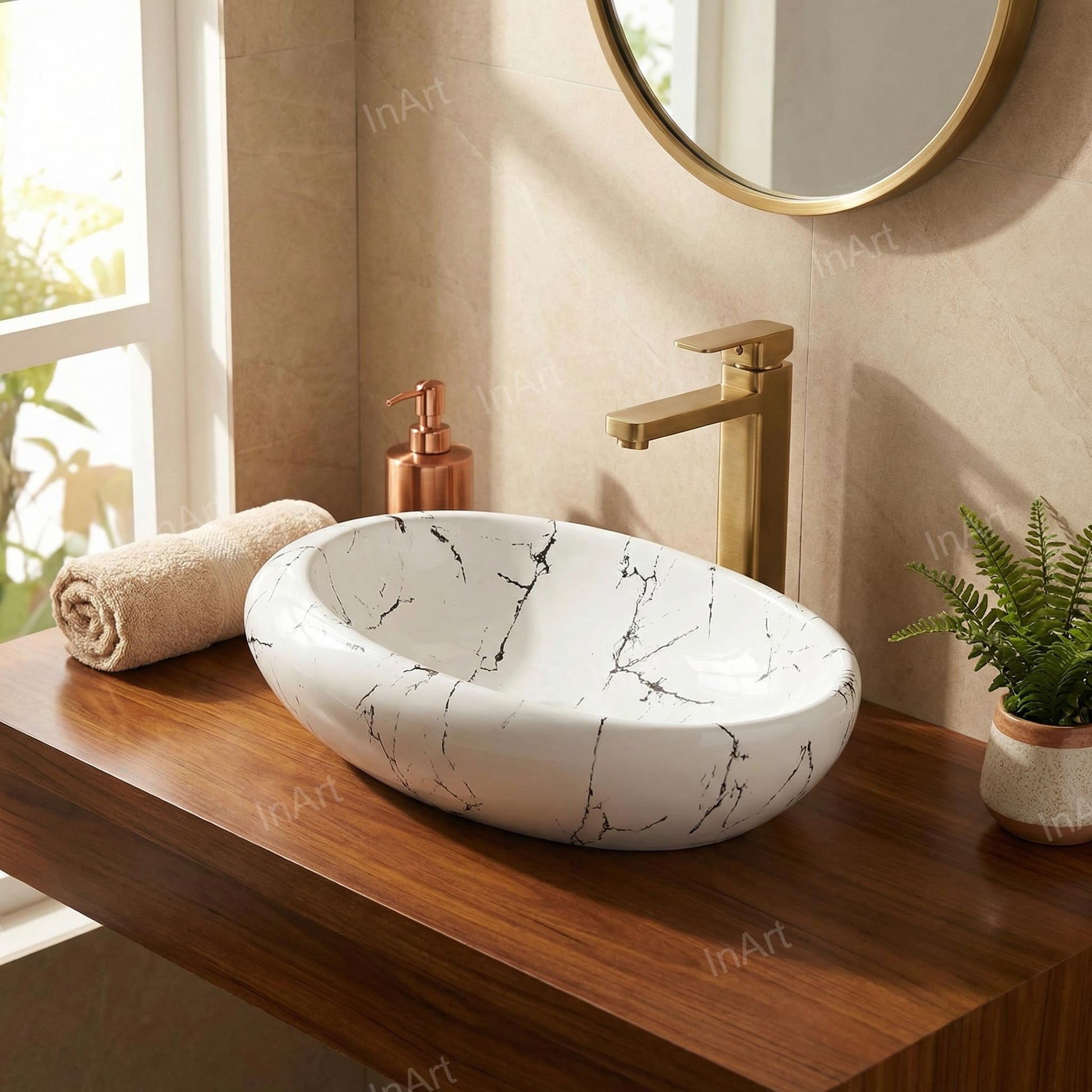 Table top wash basin counter design with tap hole, Satvario marble finish ceramic basin, close-up detail
