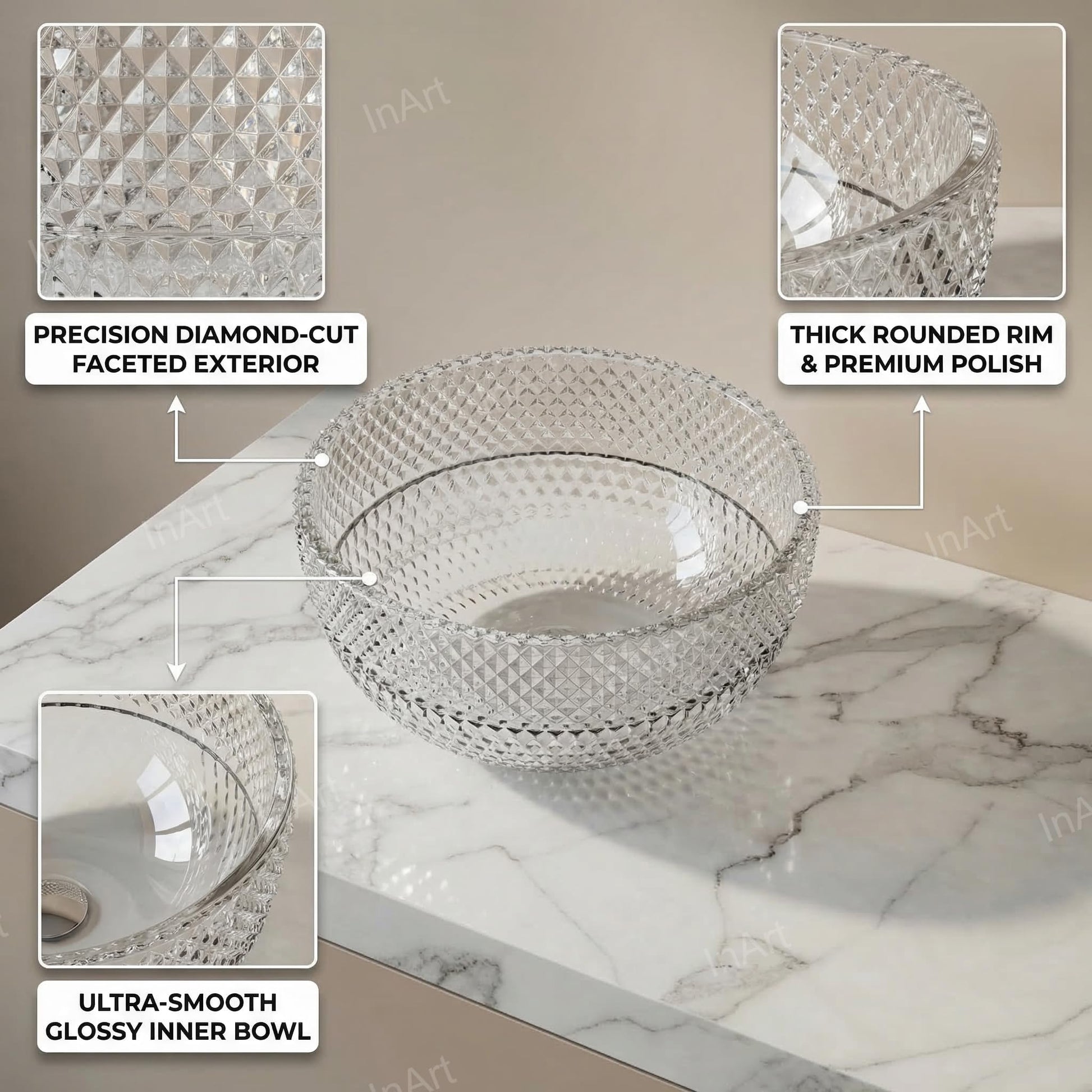 Close-up of polished clear glass basin rim and smooth non-porous surface