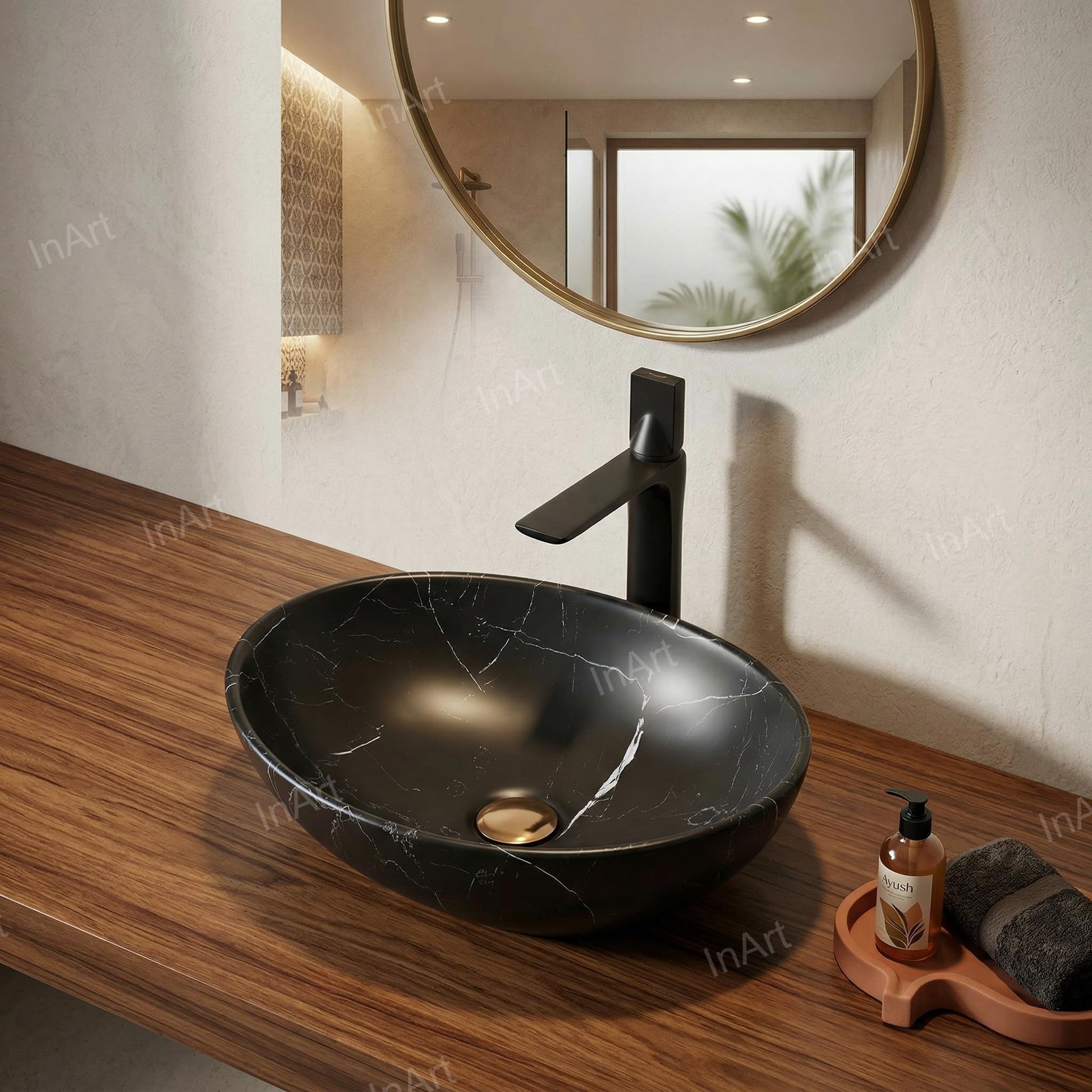 InArt black ceramic wash basin table top with smooth matte finish, close-up rim and drain detail