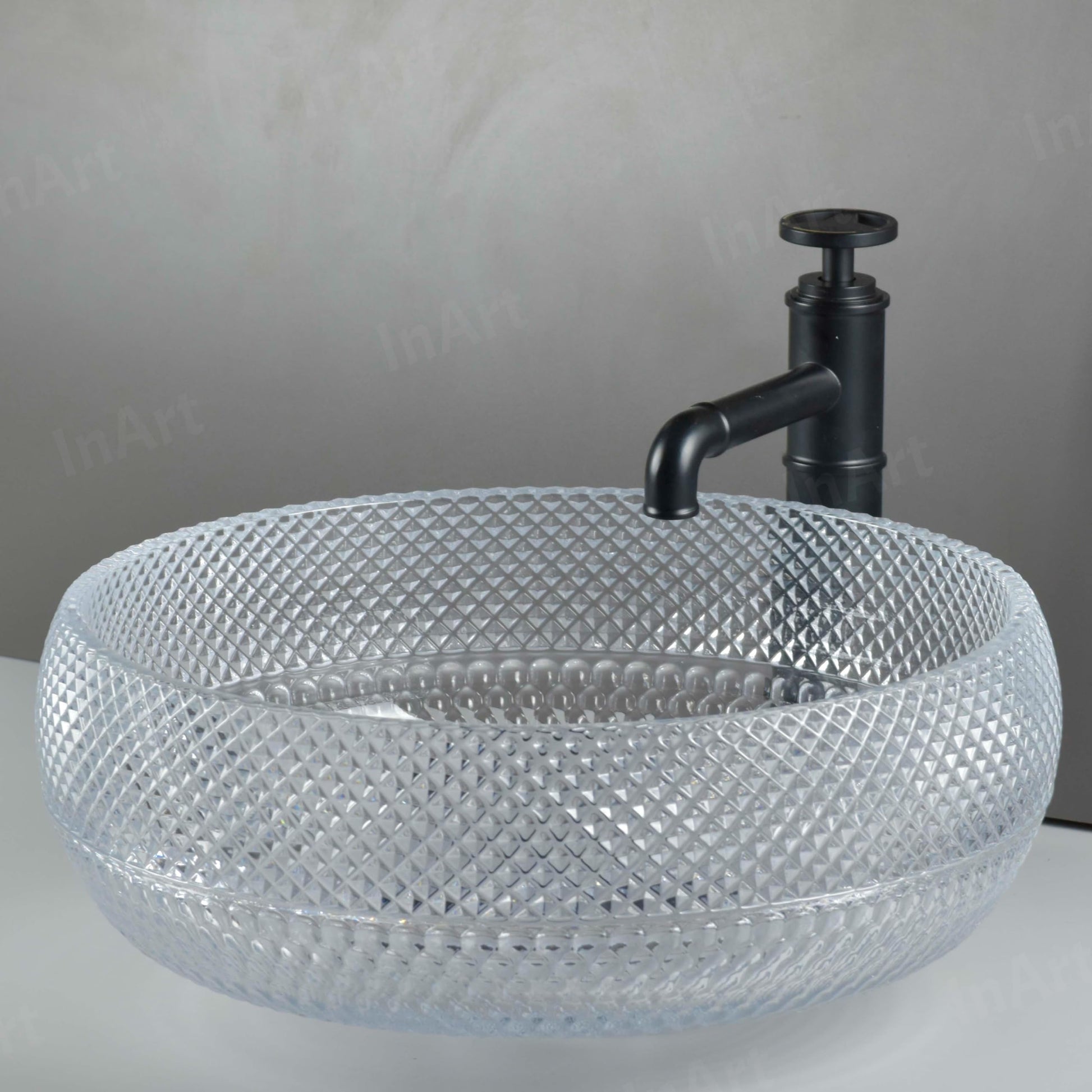 InArt transparent glass wash basin on counter in stylish bathroom interior, fancy bathroom sinks look, 42x42 cm