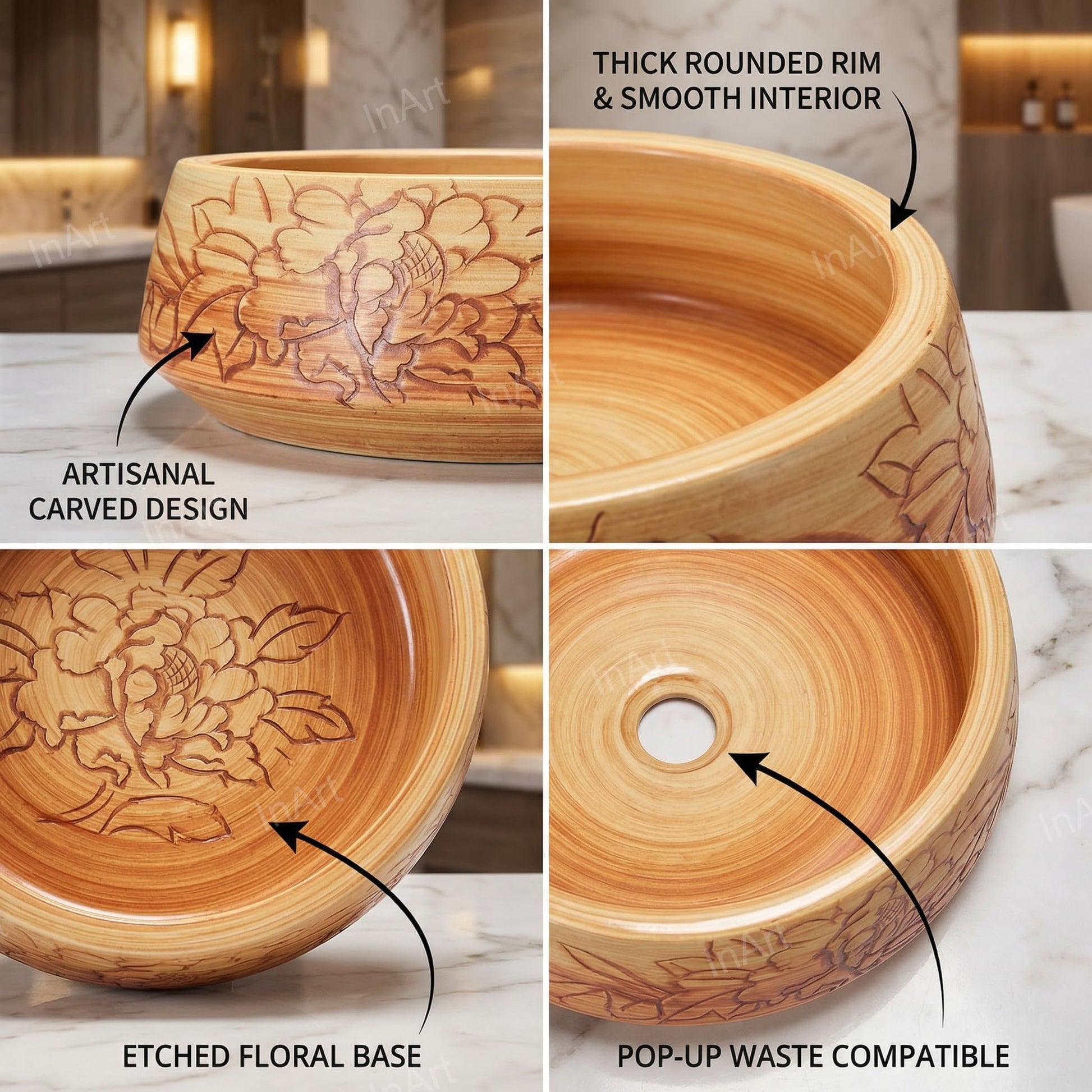 Designer wash basin table top design in ceramic, wooden colour square basin, 3/4 angle for bathroom