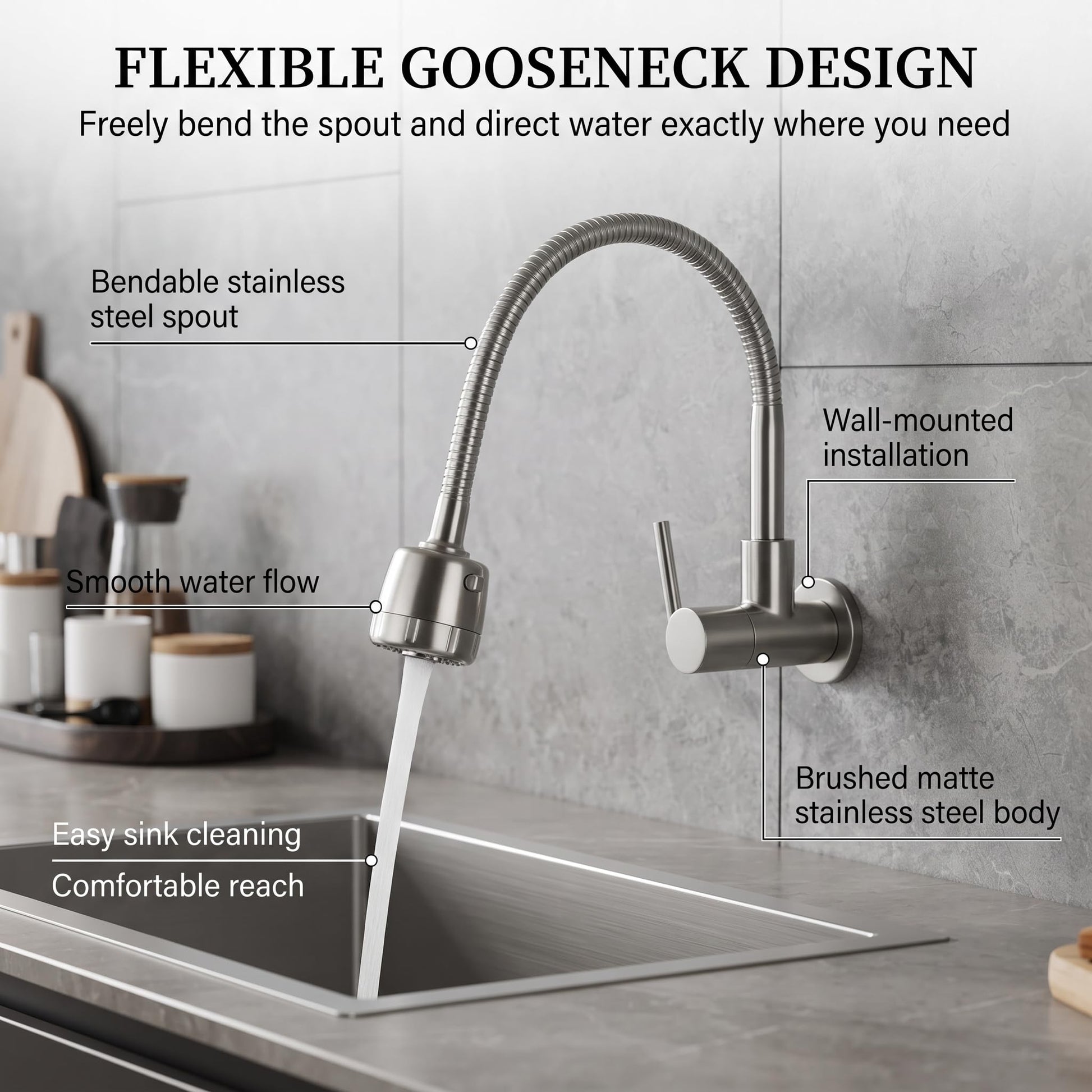 Wall flanges included with wall mounted kitchen tap for neat wall finishing