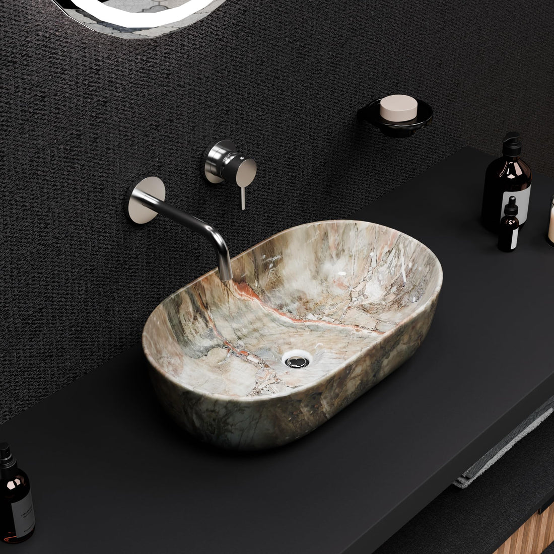 InArt ceramic table top wash basin, rectangular green marble design, over counter bathroom sink front view