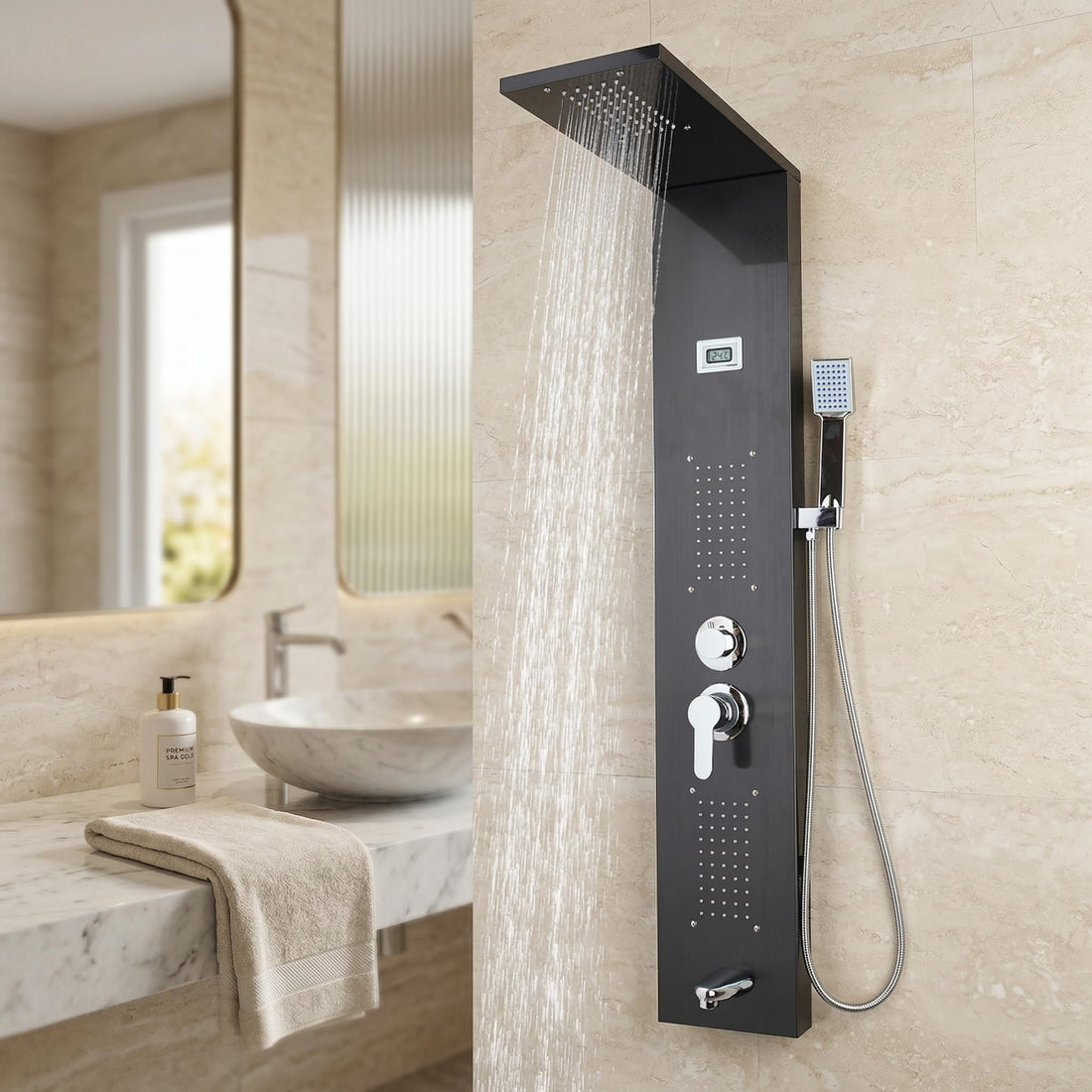 InArt black shower tower in 304 stainless steel, rectangular wall mount shower panel, mirror black finish