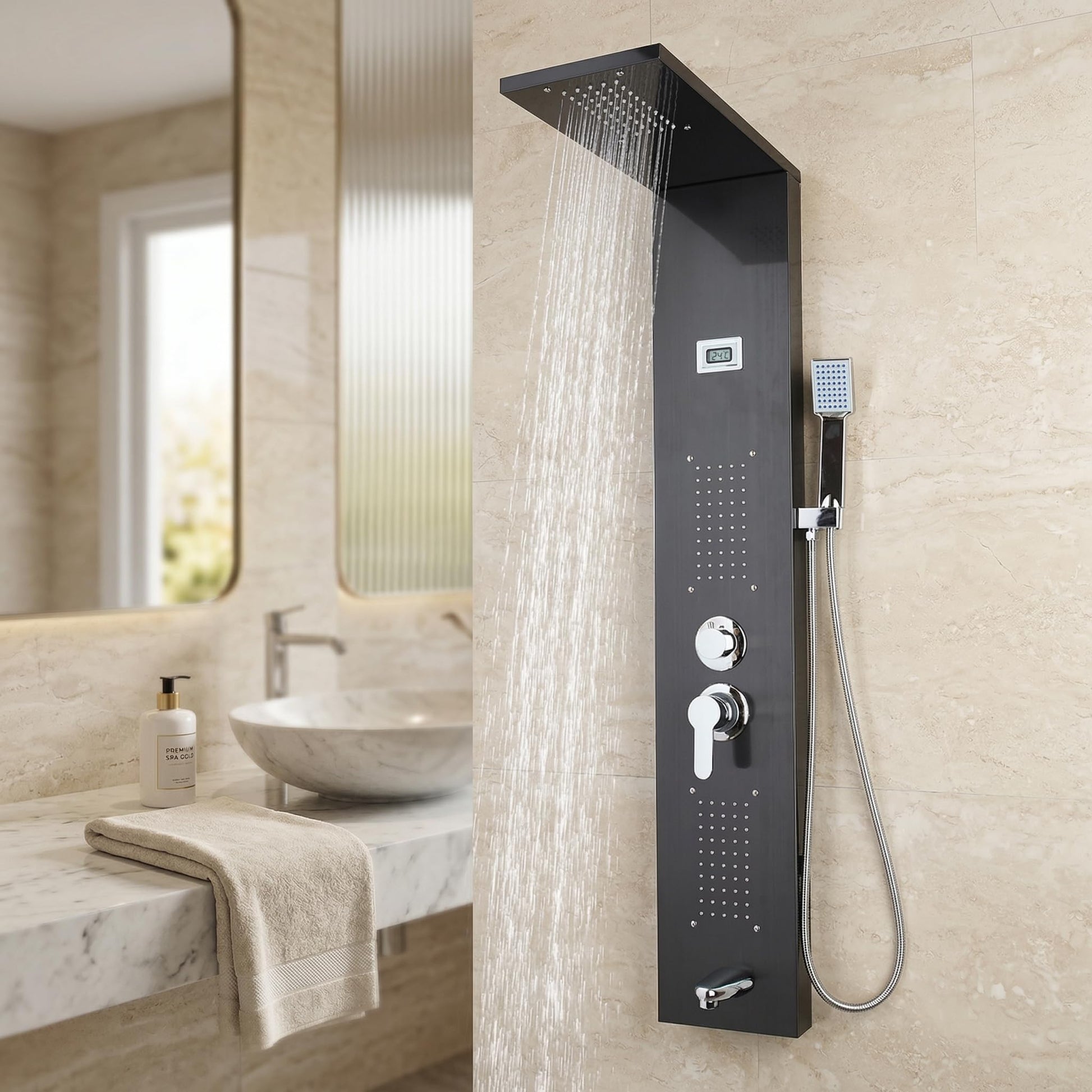 InArt black shower tower in 304 stainless steel, rectangular wall mount shower panel, mirror black finish