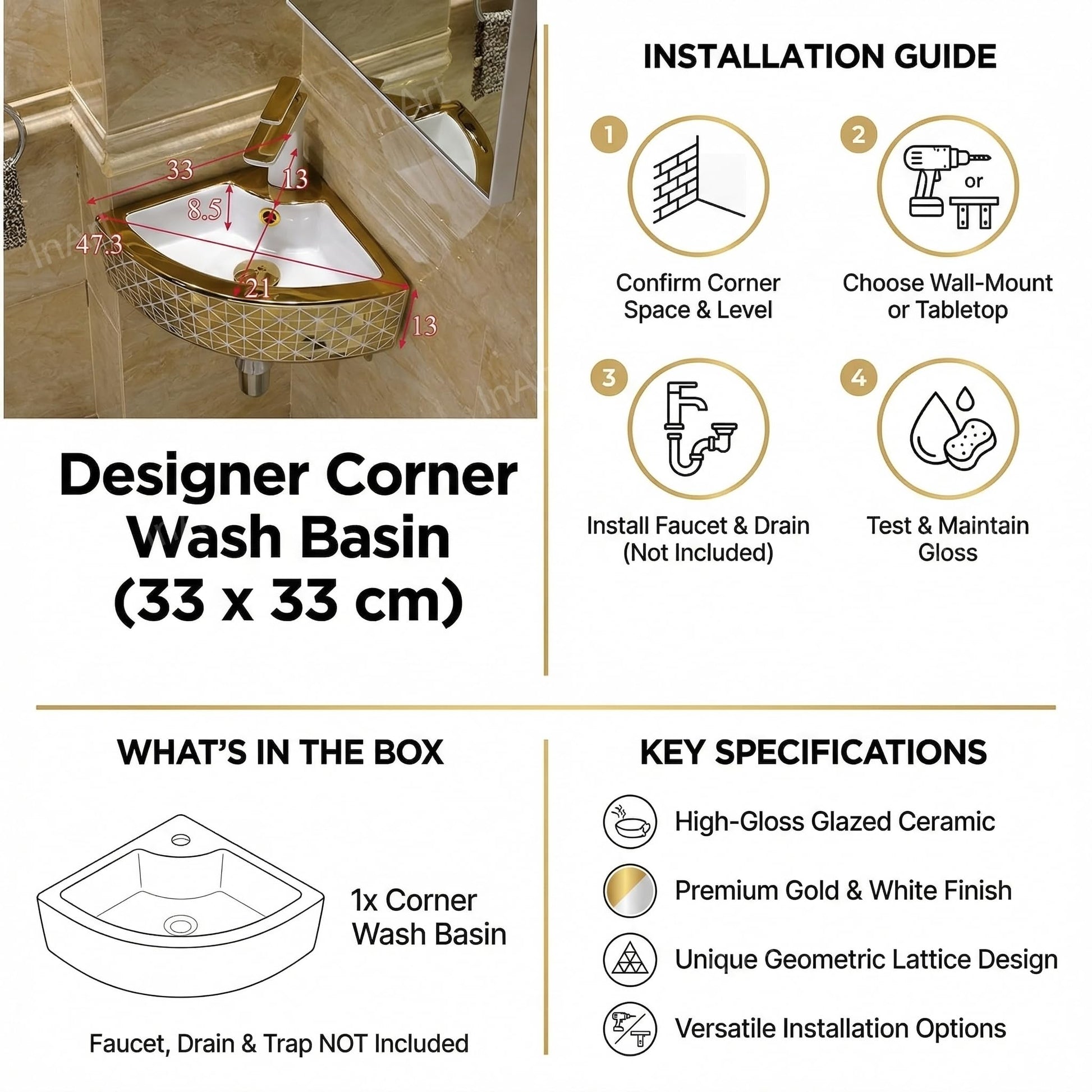 InArt wash basin design corner for dining room, glossy golden white ceramic corner basin for handwash area