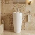 Close-up of glossy white ceramic wash basin with pedestal, smooth round rim and drain detail