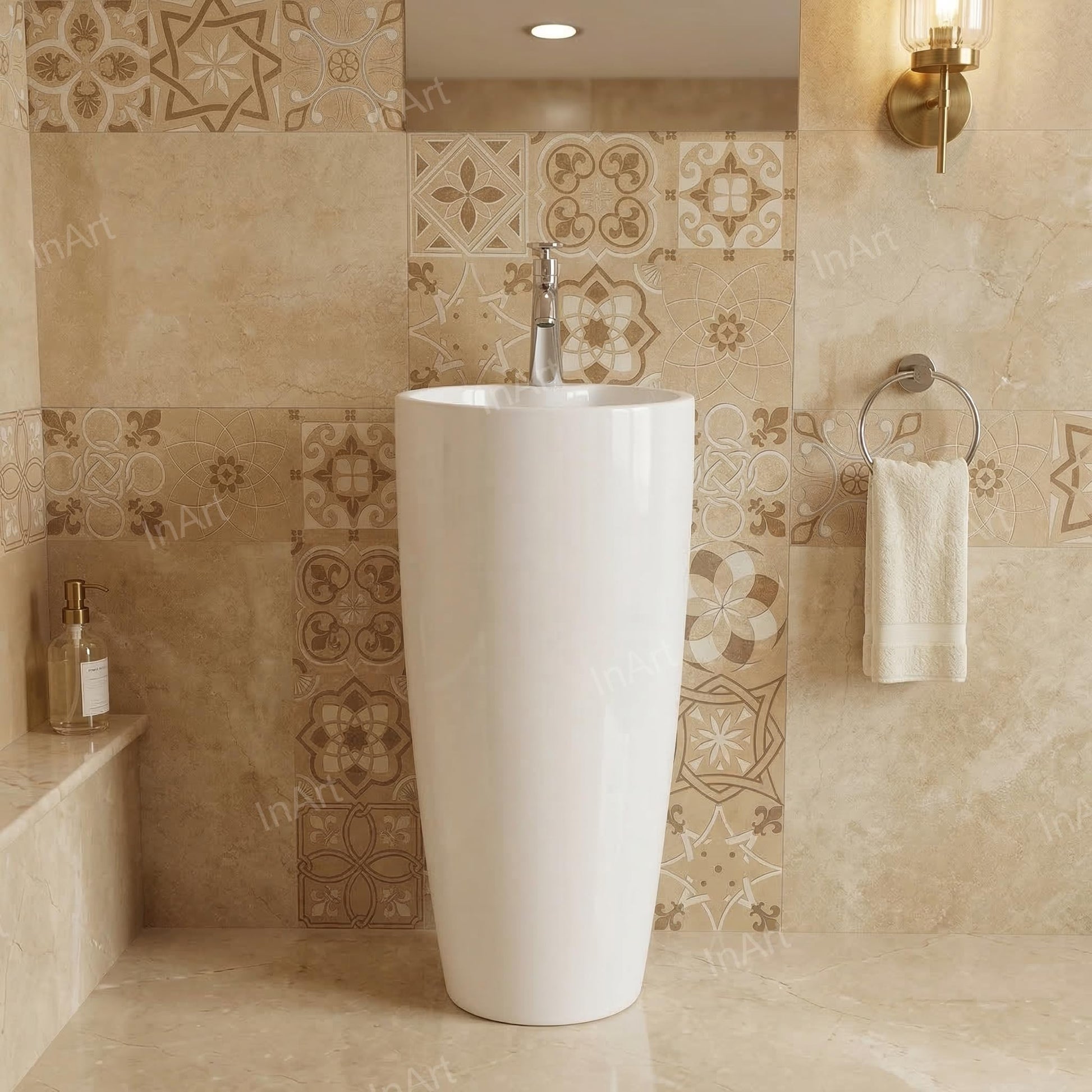 Close-up of glossy white ceramic wash basin with pedestal, smooth round rim and drain detail