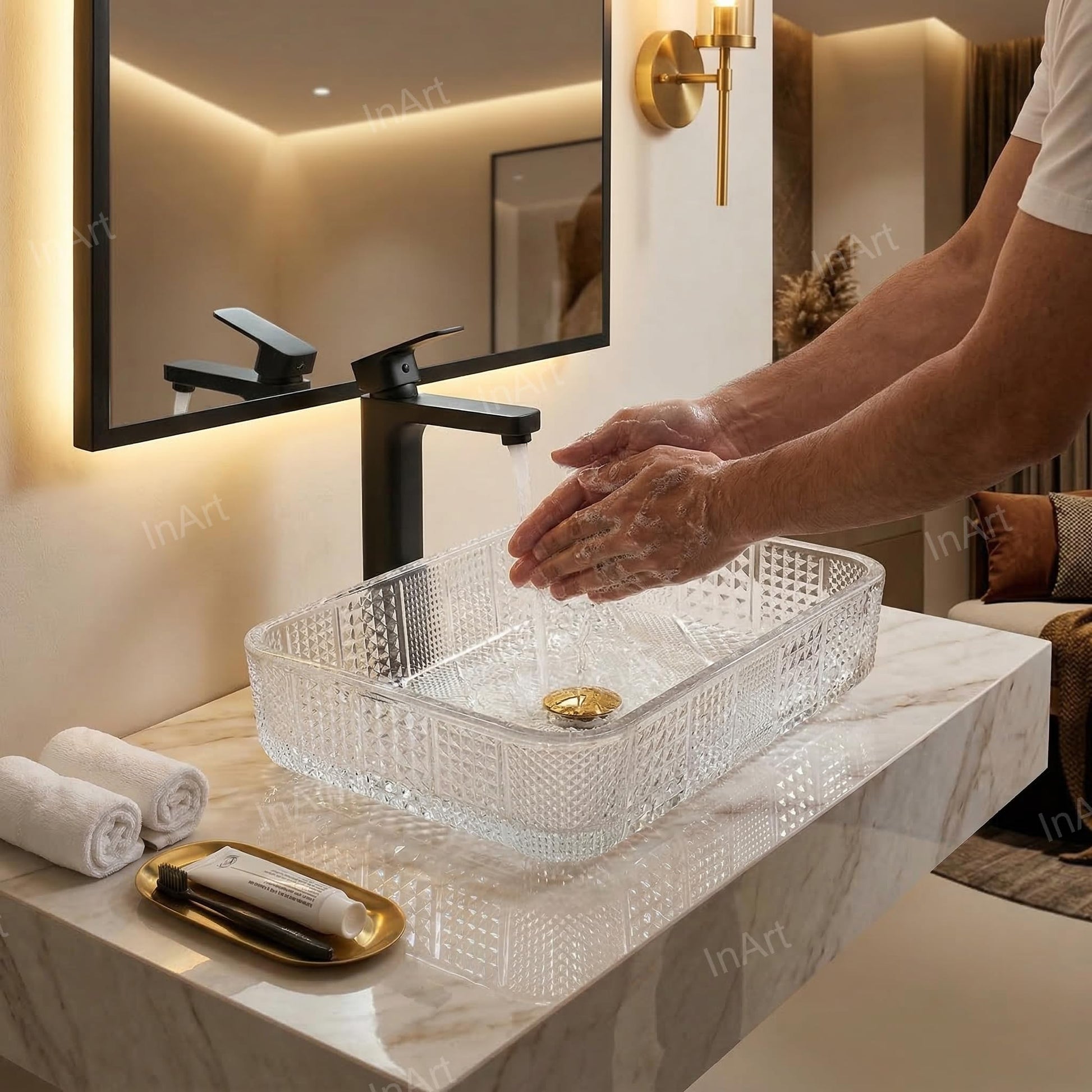 InArt clear glass bathroom sink bowl with glossy transparent finish, close-up of rim and corners