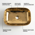 InArt ceramic table top wash basin in gold, rectangular modern bathroom basin design, angled view