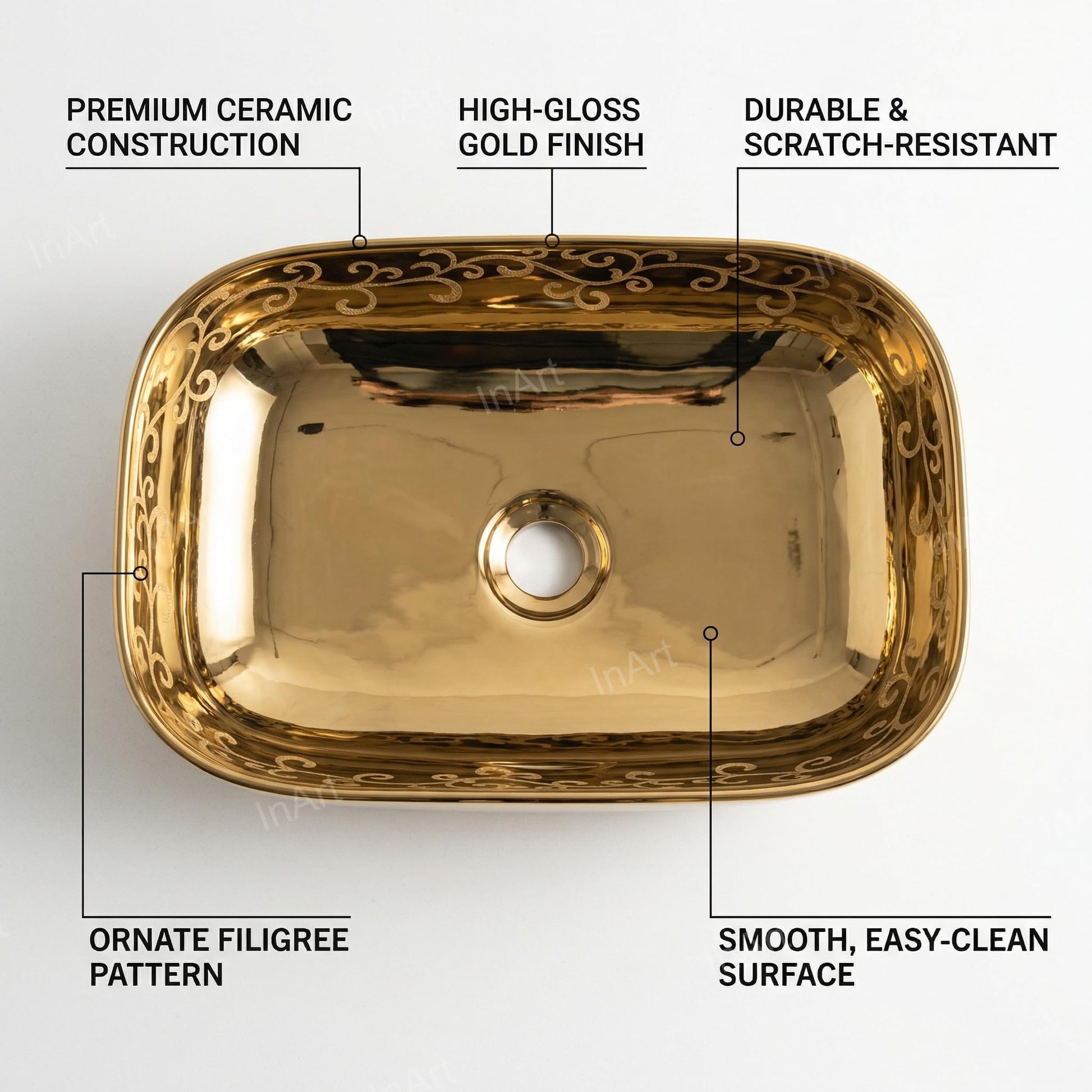 InArt ceramic table top wash basin in gold, rectangular modern bathroom basin design, angled view