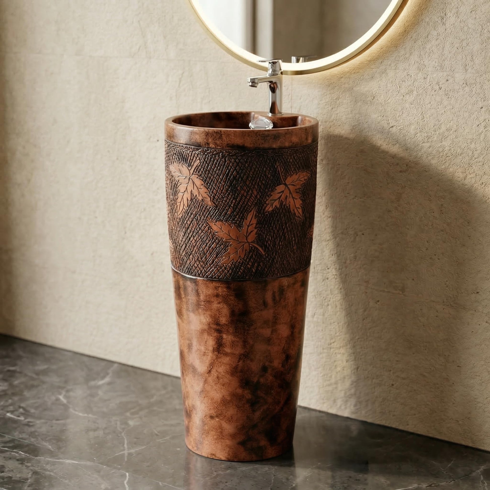 InArt ceramic pedestal wash basin designs, round one piece free standing basin with wooden matte finish
