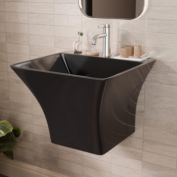 InArt half pedestal wash basin in polished black ceramic, rectangular slim rim wall hung design