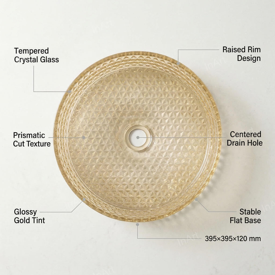 Round polished gold glass table top wash basin on vanity counter, 395x395x120 mm