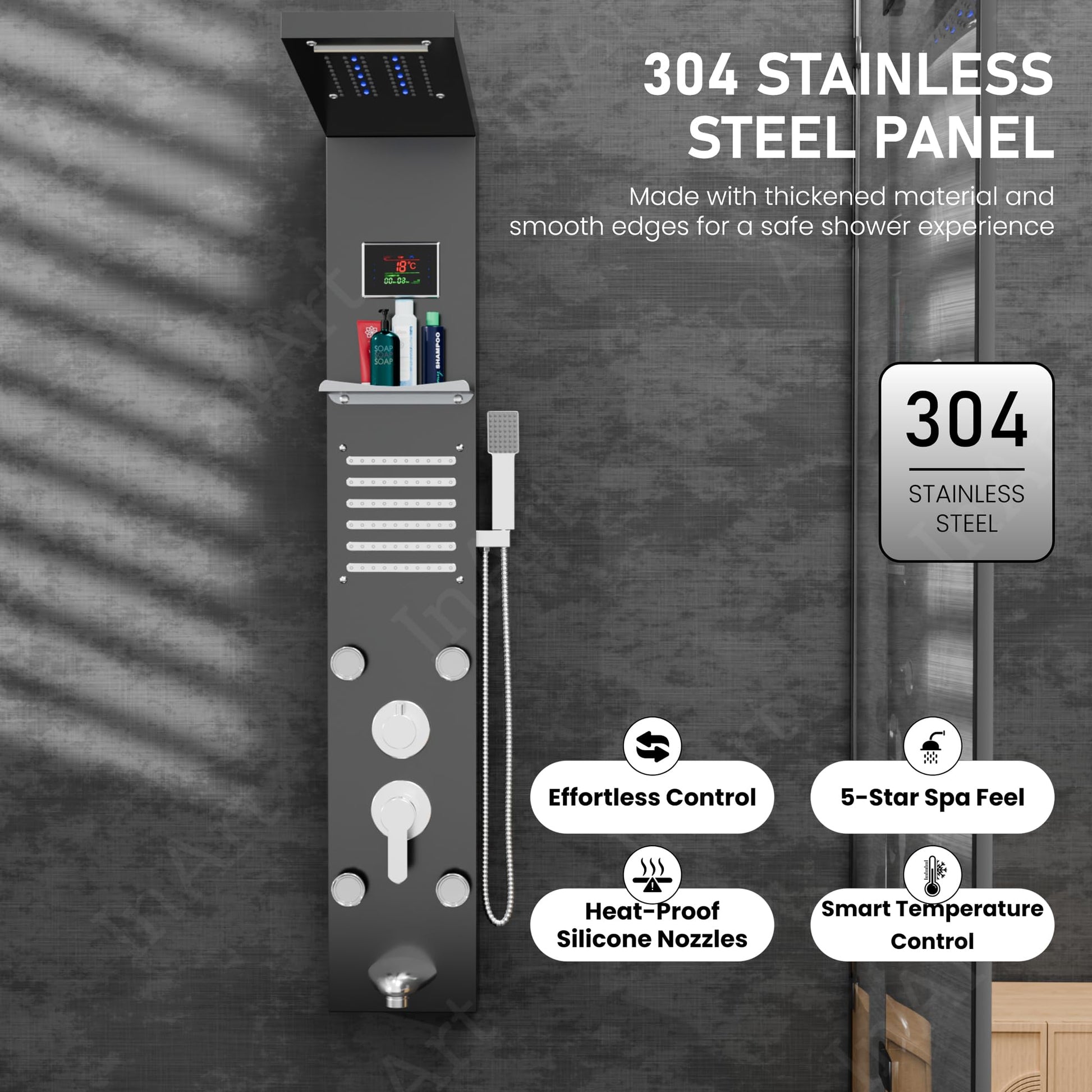 Glossy black InArt shower panel, bath panel shower, fluted paneling