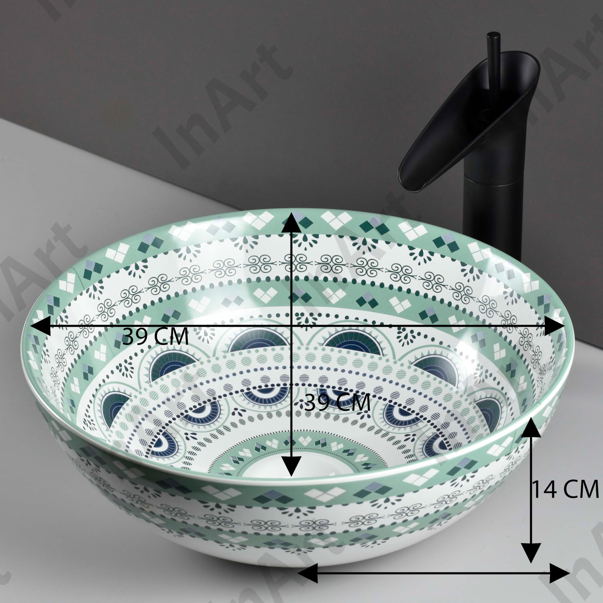 Modern ceramic wash basin design table top, round light blue basin side angle for bathroom counter