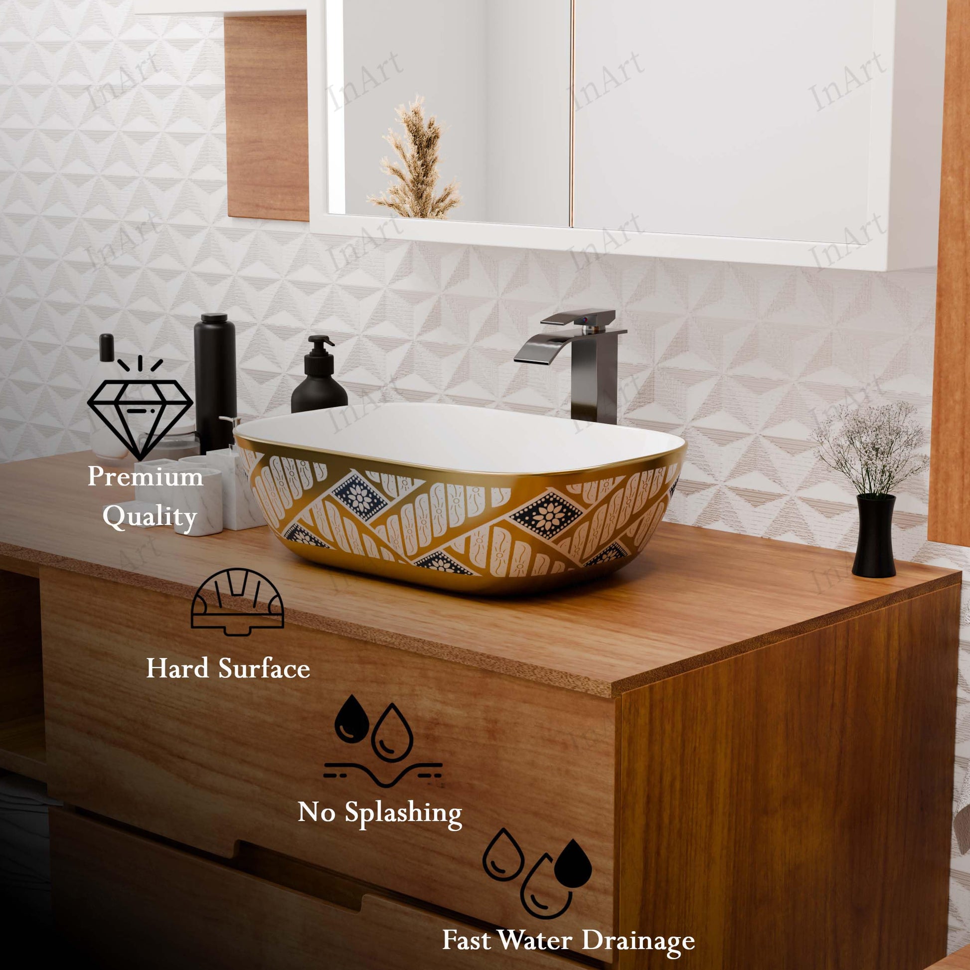 Designer table top basin design in gold ceramic, rectangular wash basin angled view for modern bathroom