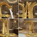 Washbasin tap design in swan shape brass, 3/4 angle view of gold finish hot and cold basin mixer tap