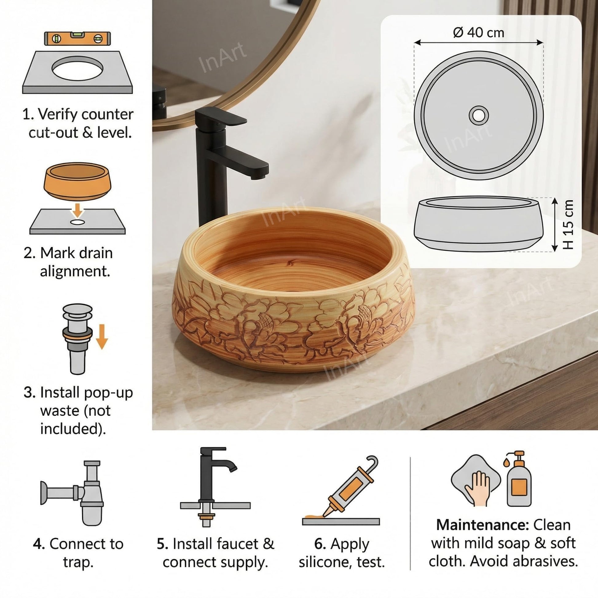 Table top basin design with cabinet, square ceramic wooden finish wash basin for bathroom vanity setup