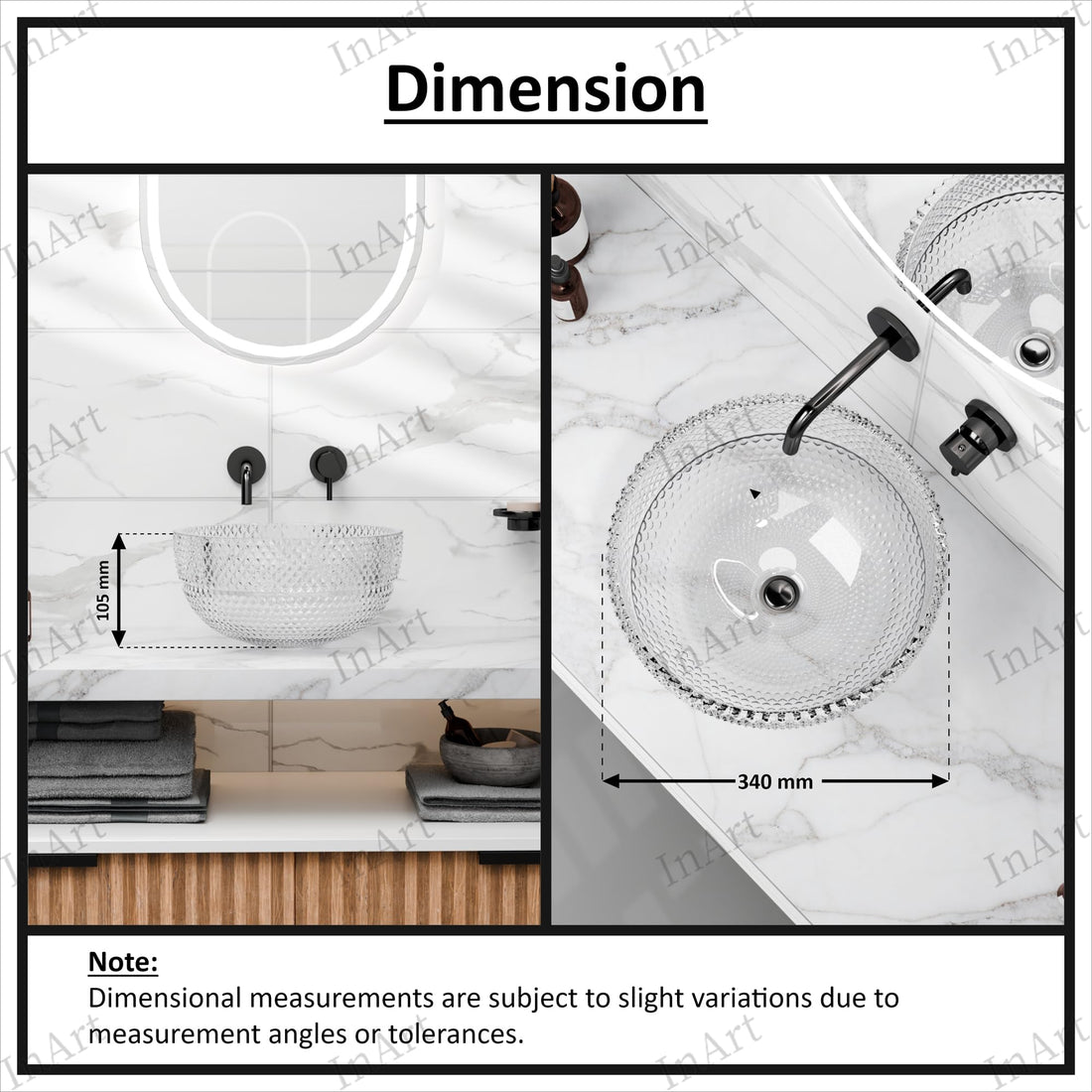 InArt round glass table top basin, transparent polished finish, table top wash basin