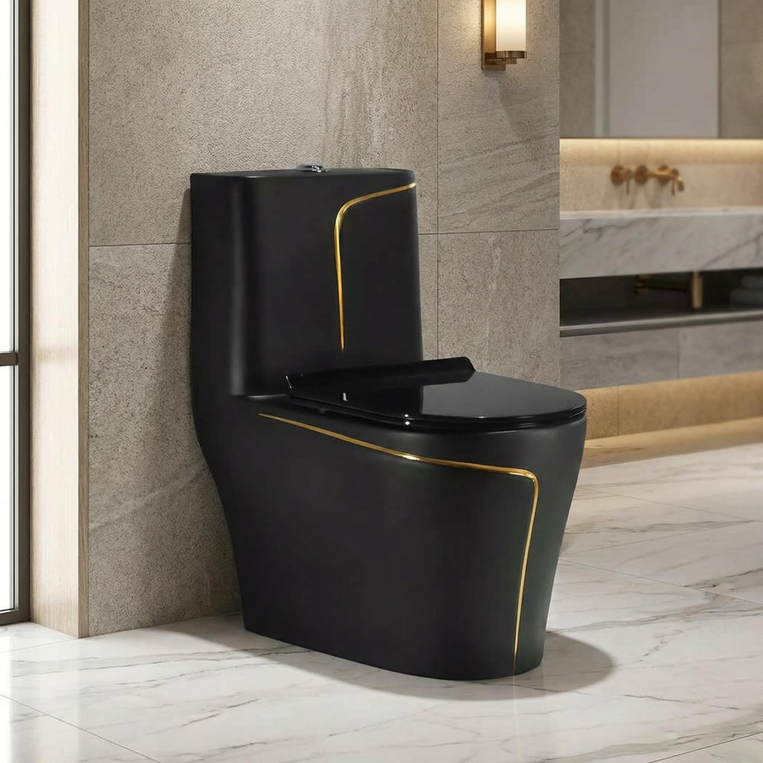 One piece ceramic western toilet in glossy black gold finish, floor mounted design