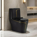 One piece ceramic western toilet in glossy black gold finish, floor mounted design
