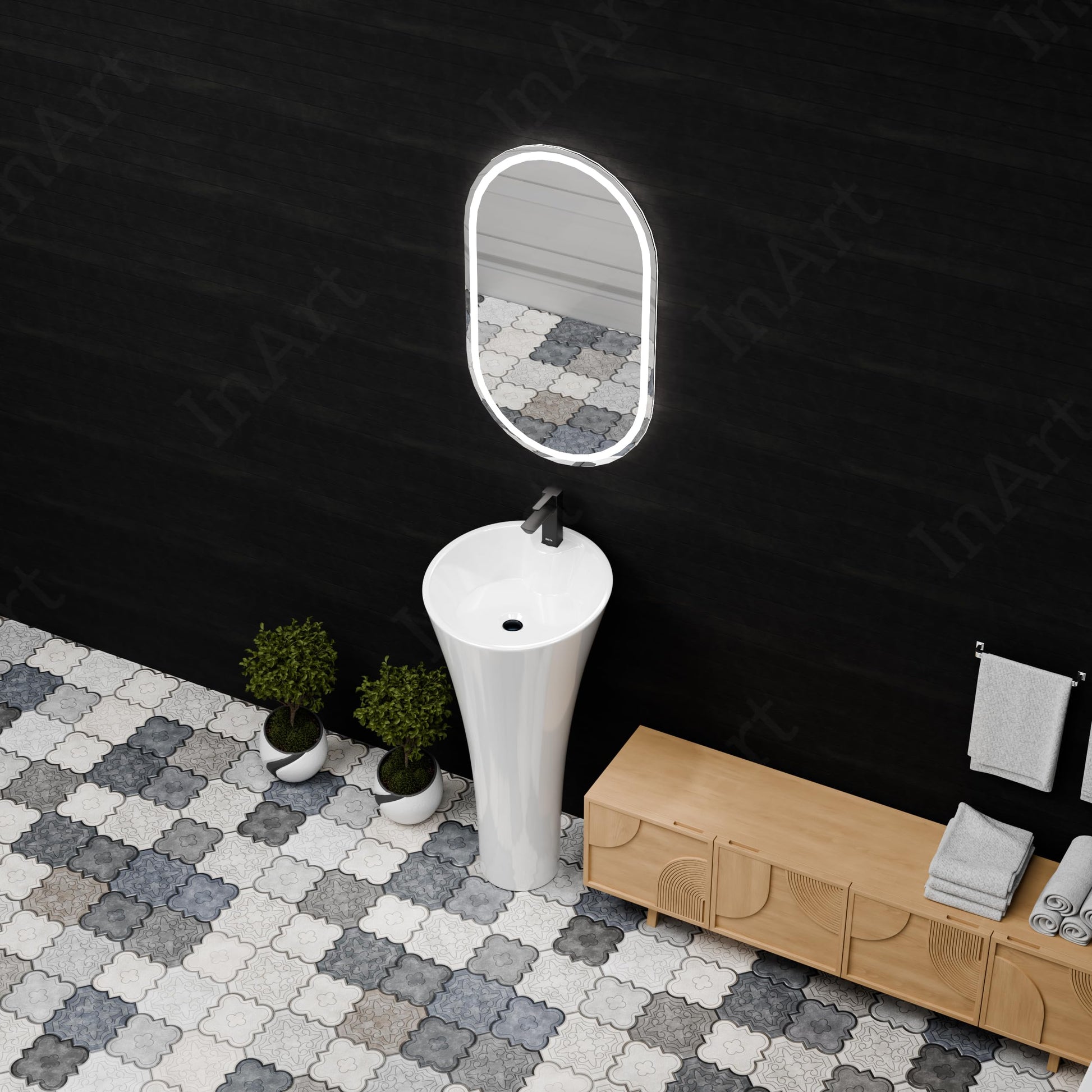 Round pedestal wash basin with stand in white ceramic, smooth glossy finish detail for bathroom sanitaryware