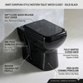 Black ceramic western toilet single piece, square floor mounted commode shown in 3/4 angle with soft close seat