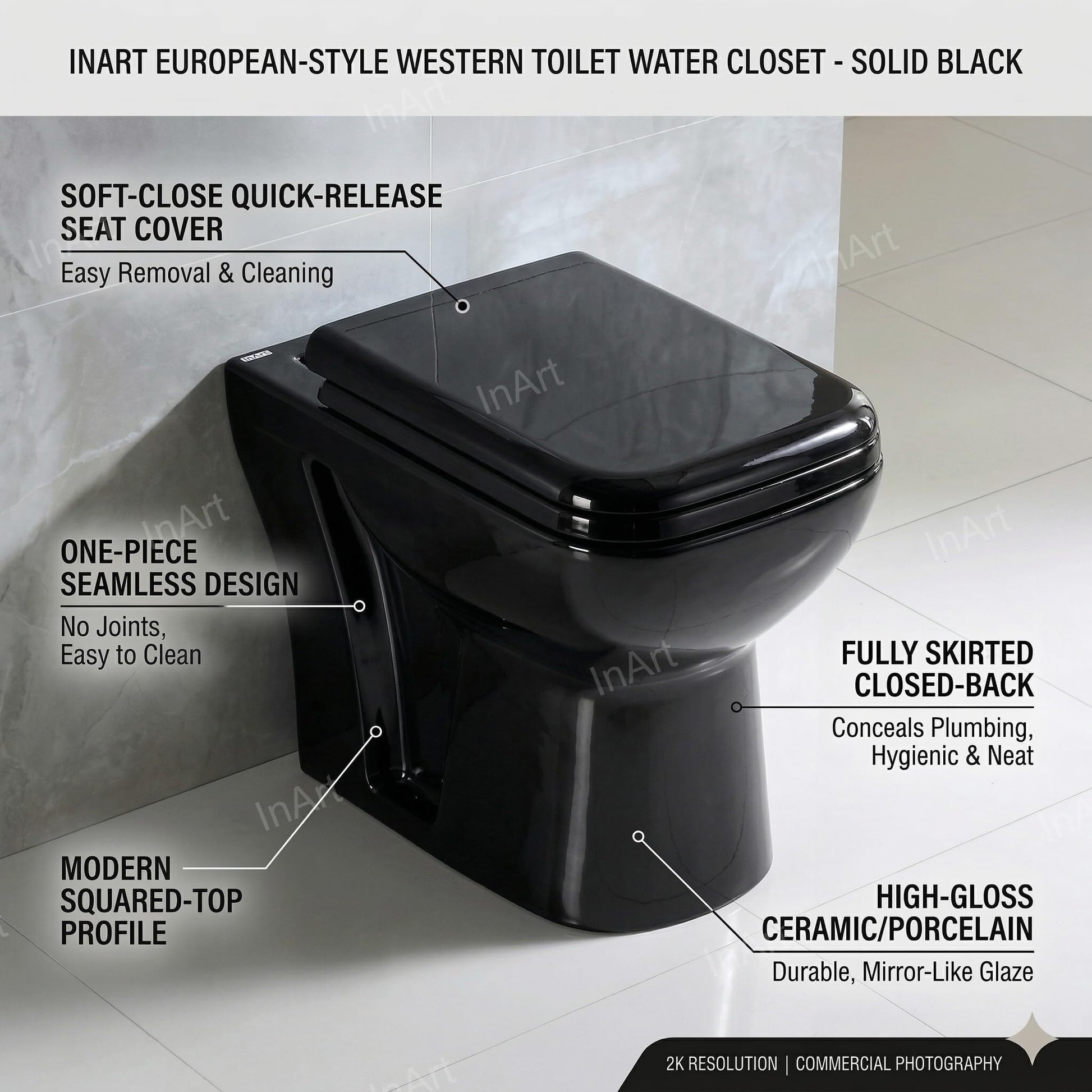 Black ceramic western toilet single piece, square floor mounted commode shown in 3/4 angle with soft close seat