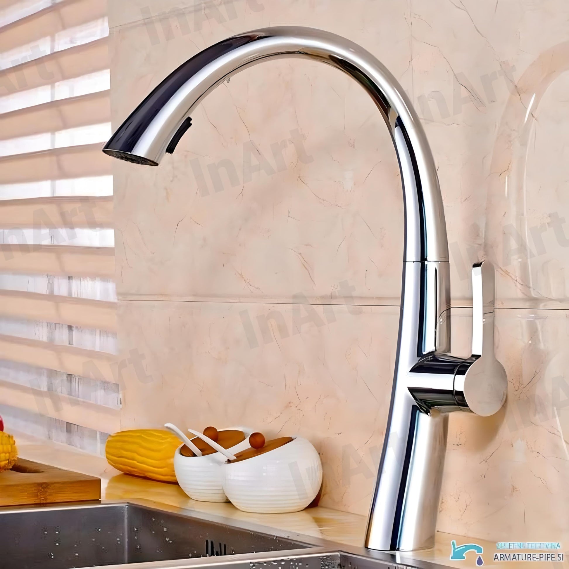 Kitchen pull out faucet chrome finish, high arc swivel spout single lever sink tap, angled view
