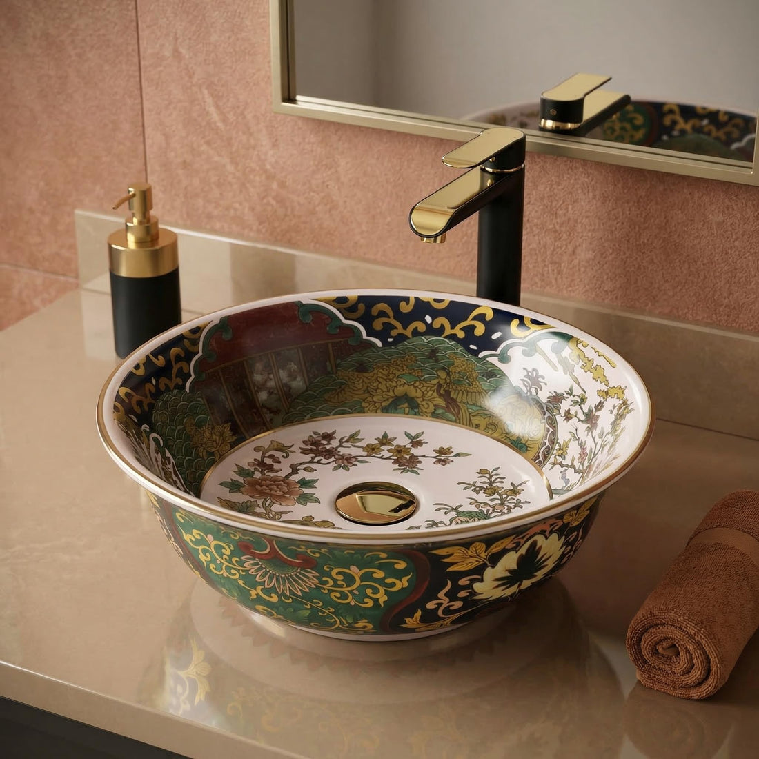 washbasindesign InArt ceramic square table top wash basin, multicolour designer glaze, front view