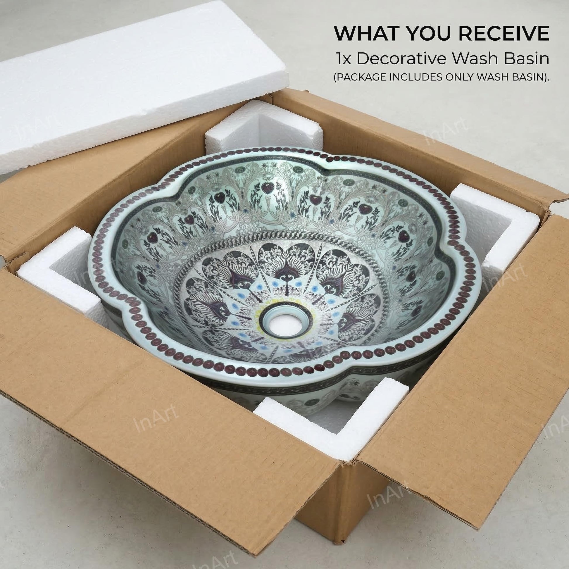InArt table top wash basin design for bathroom interior, round ceramic basin in light blue
