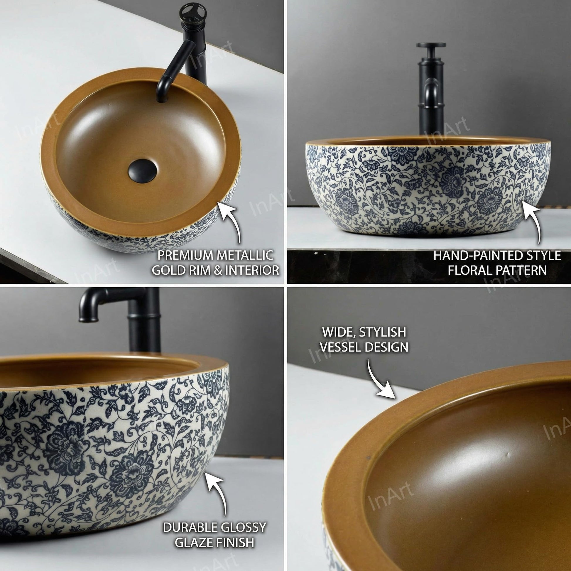 Square table top wash basin for bathroom in Moroccan multicolour, side angle showing high gloss ceramic finish