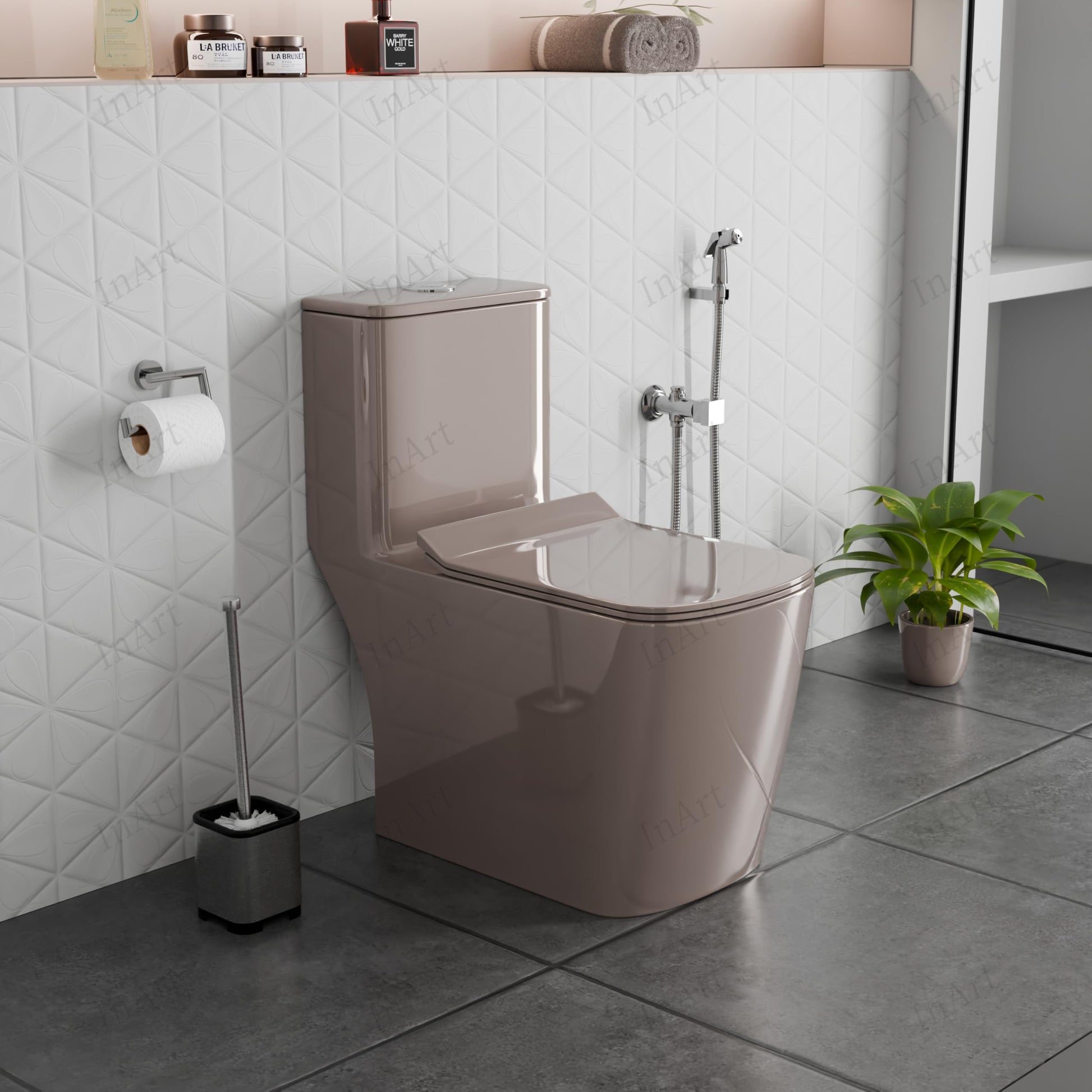 Western toilet single piece in pink ceramic, rear angle with S-trap outlet and compact one piece closet design