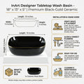 Designer ceramic wash basin for bathroom, glossy black gold rectangular table top basin for modern washroom
