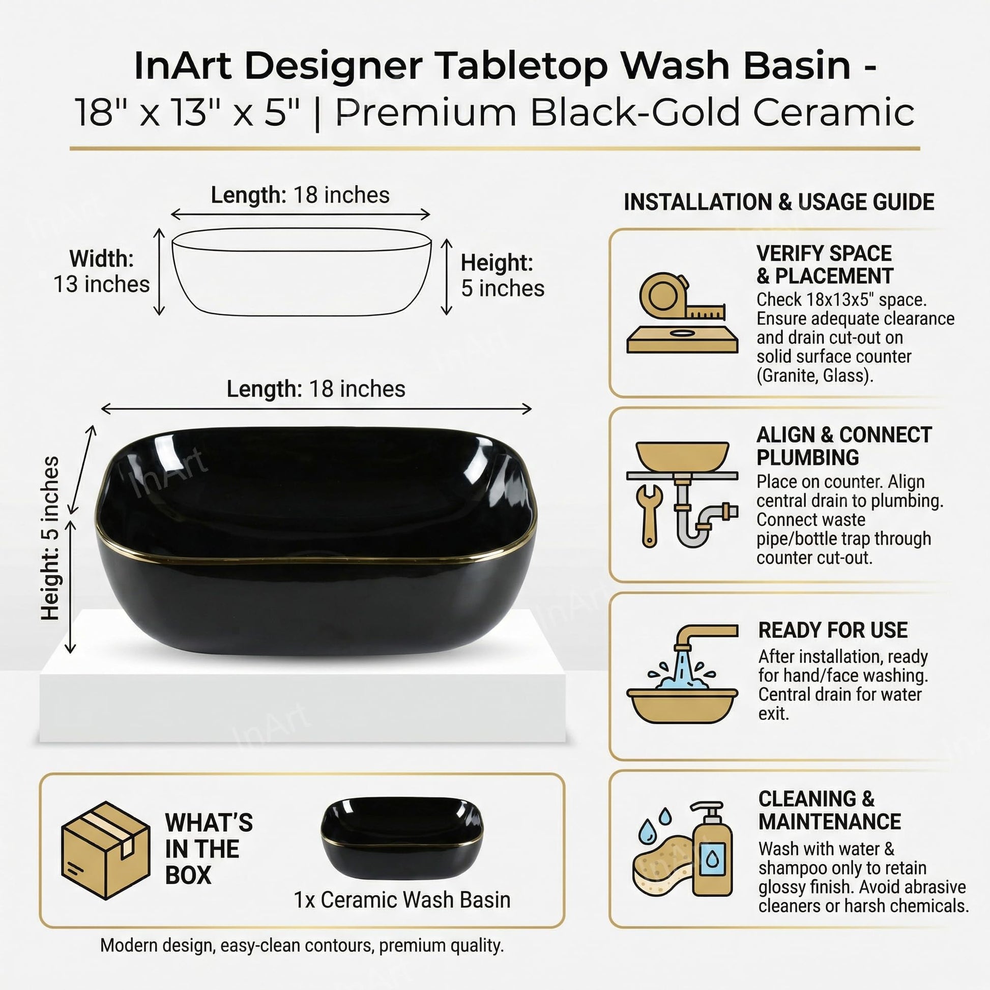 Designer ceramic wash basin for bathroom, glossy black gold rectangular table top basin for modern washroom