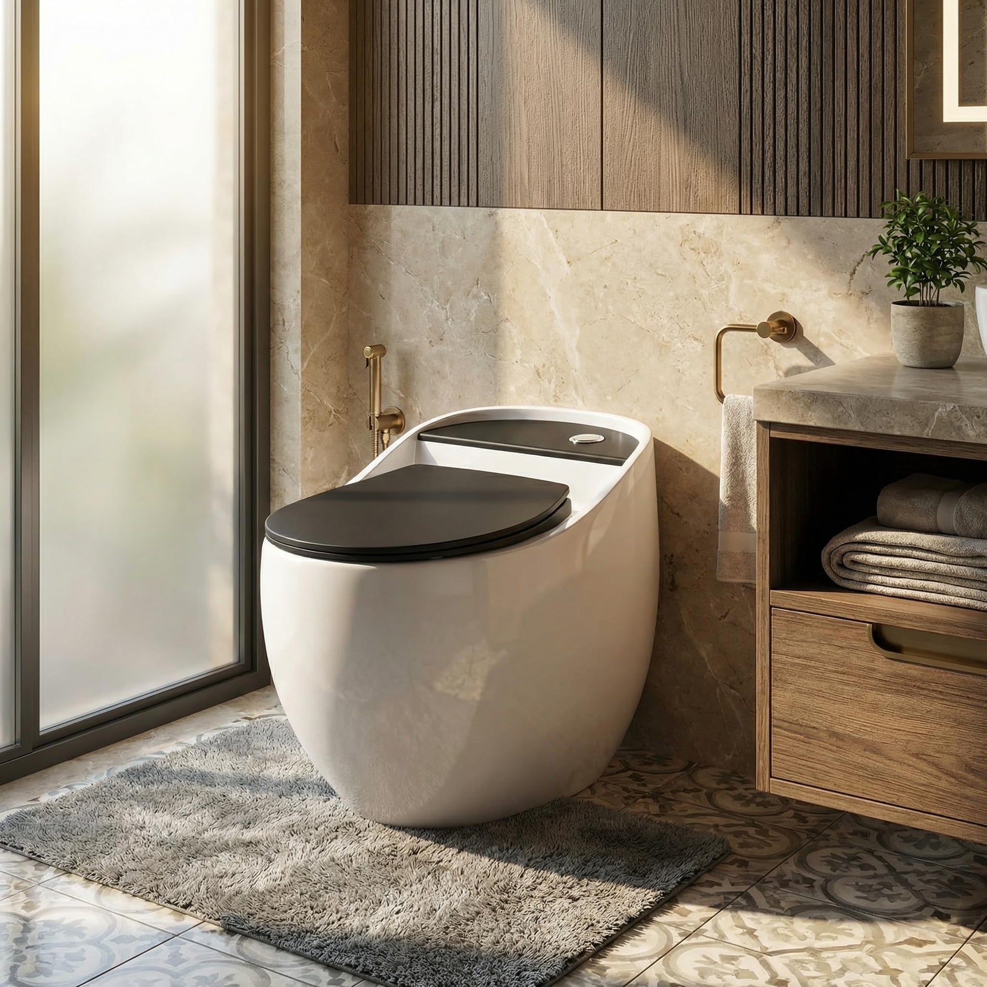 InArt ceramic one piece western toilet with S-trap outlet, close-up of base and trap connection for floor mounting