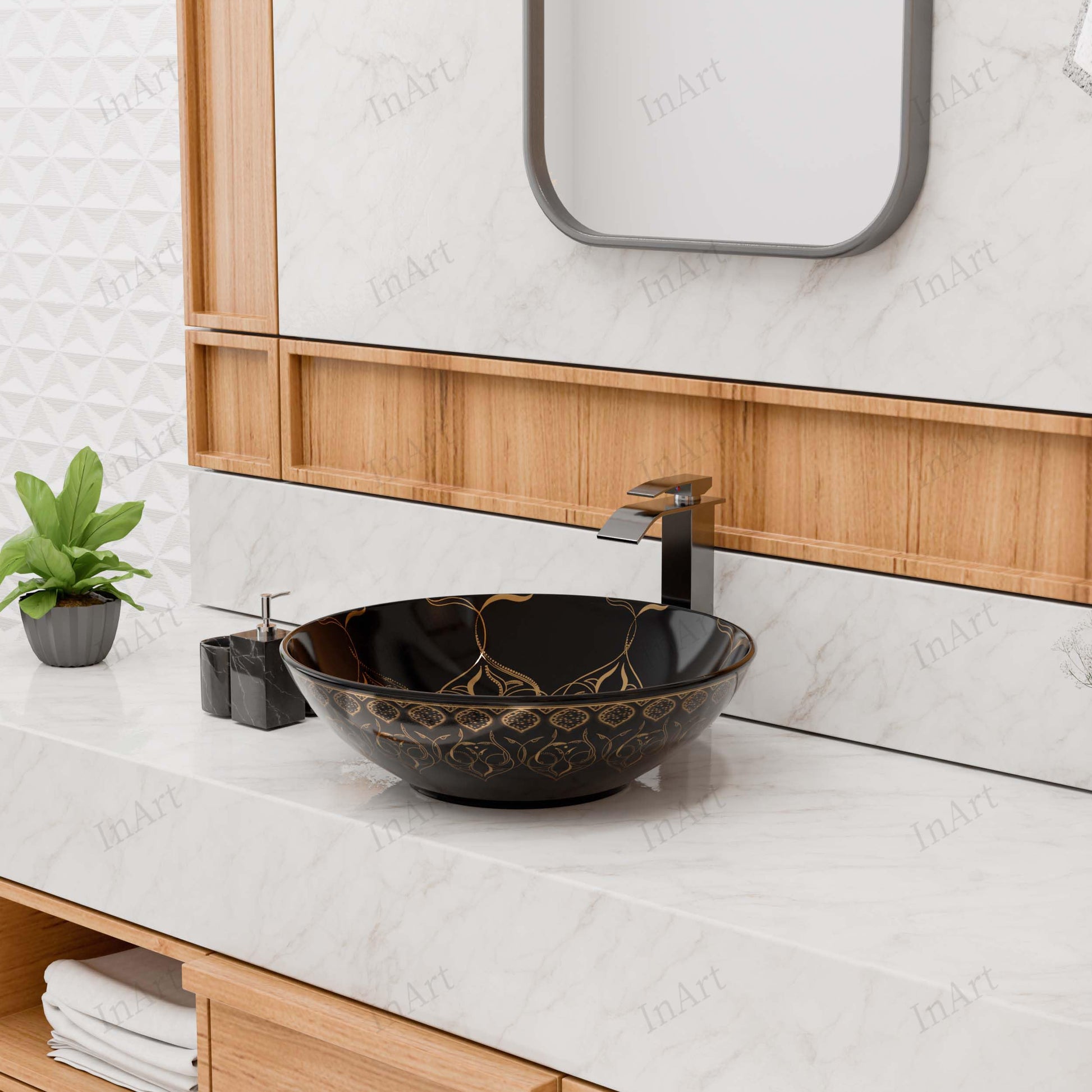 InArt counter top wash basin paired with cabinet, table top wash basin with cabinet design idea