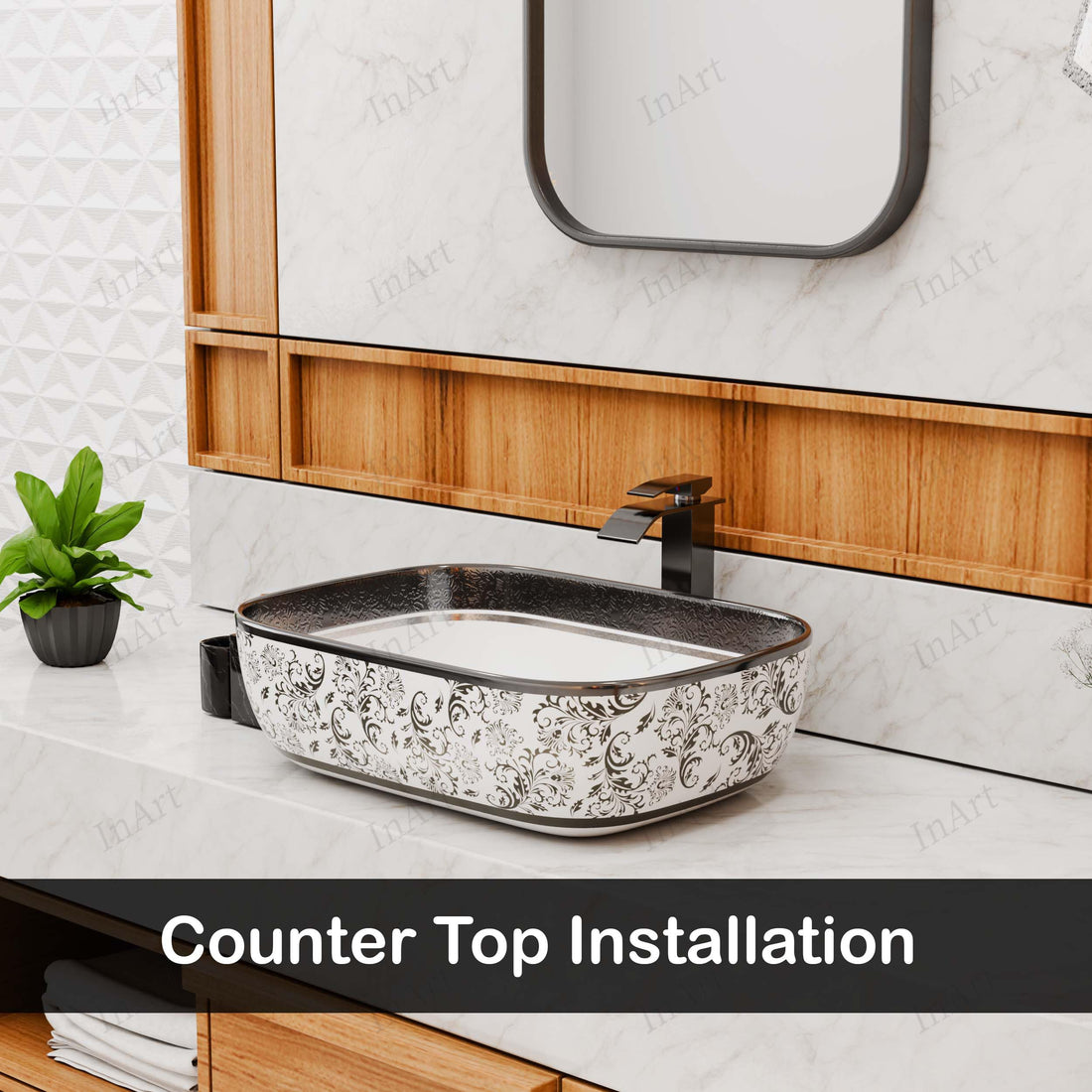 washbasindesign InArt ceramic rectangular table top wash basin in silver white, front view