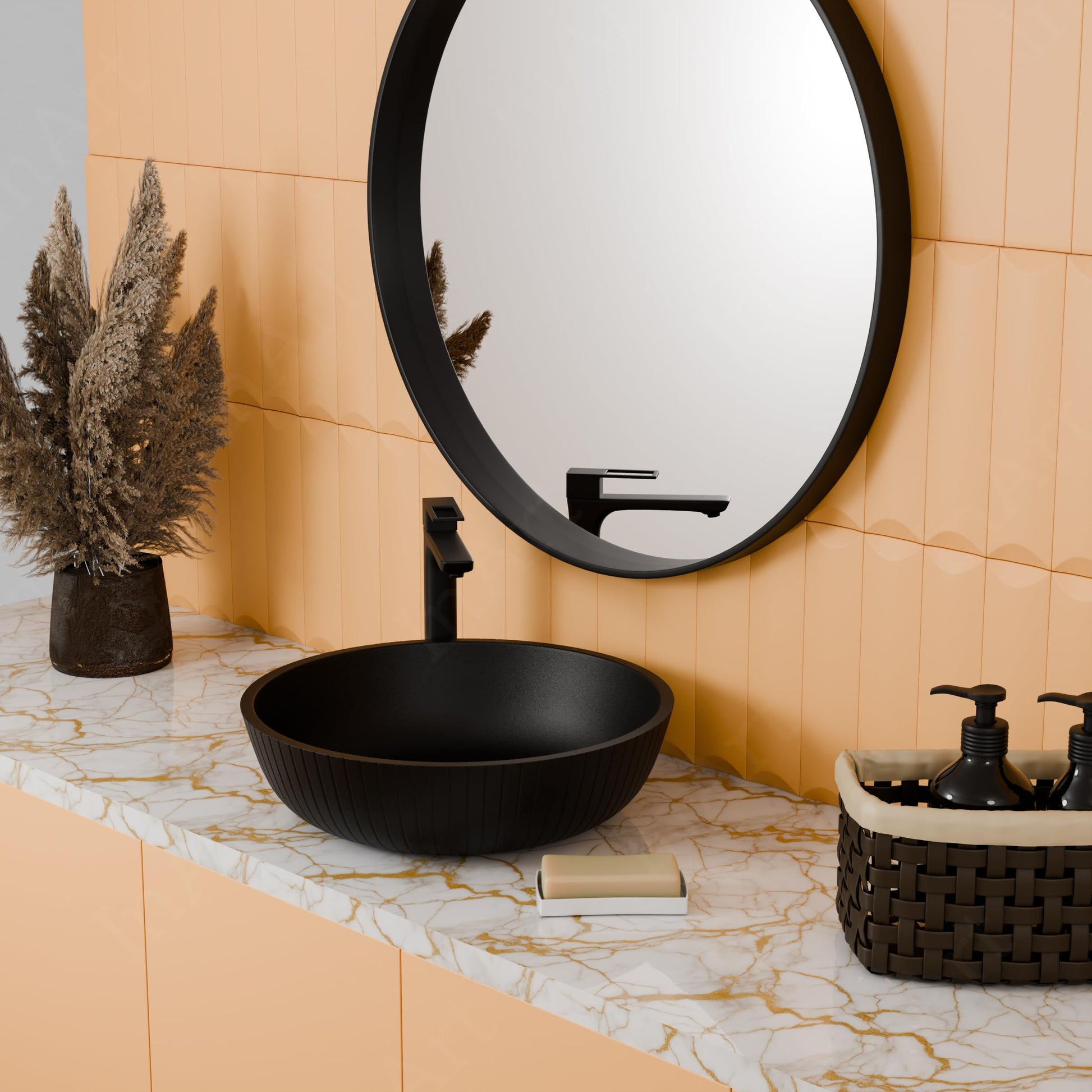 InArt counter top wash basin dimensions view, 16.5 inch round matte black quartz basin for washroom